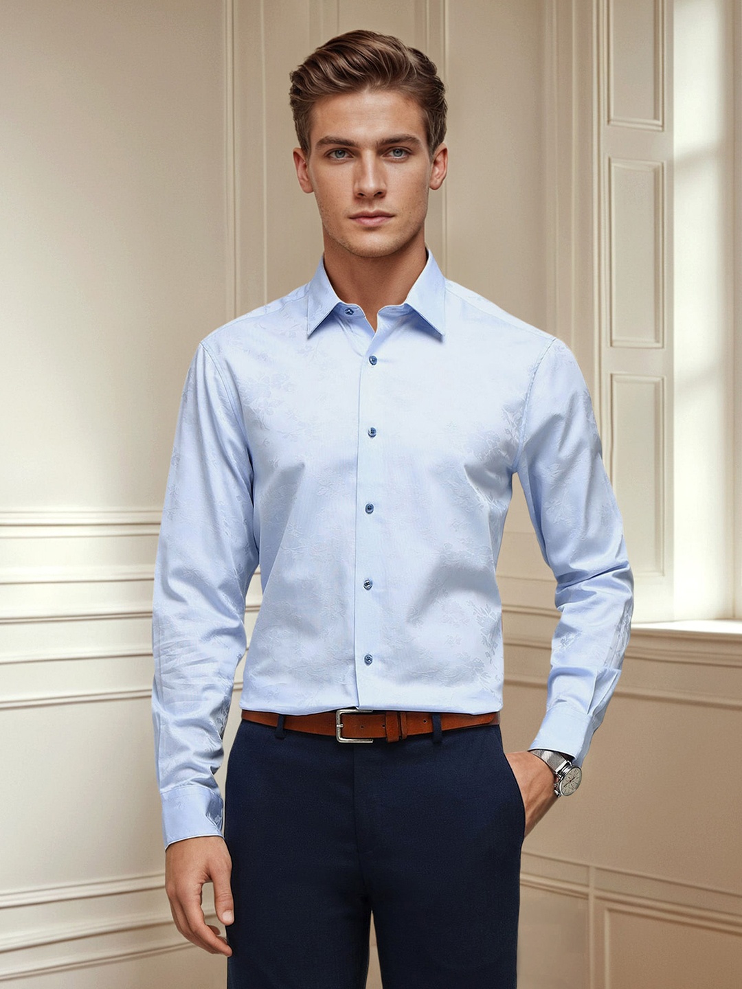 

Arrow Men Manhattan Spread Collar Textured Cotton Slim Fit Casual Shirt, Blue