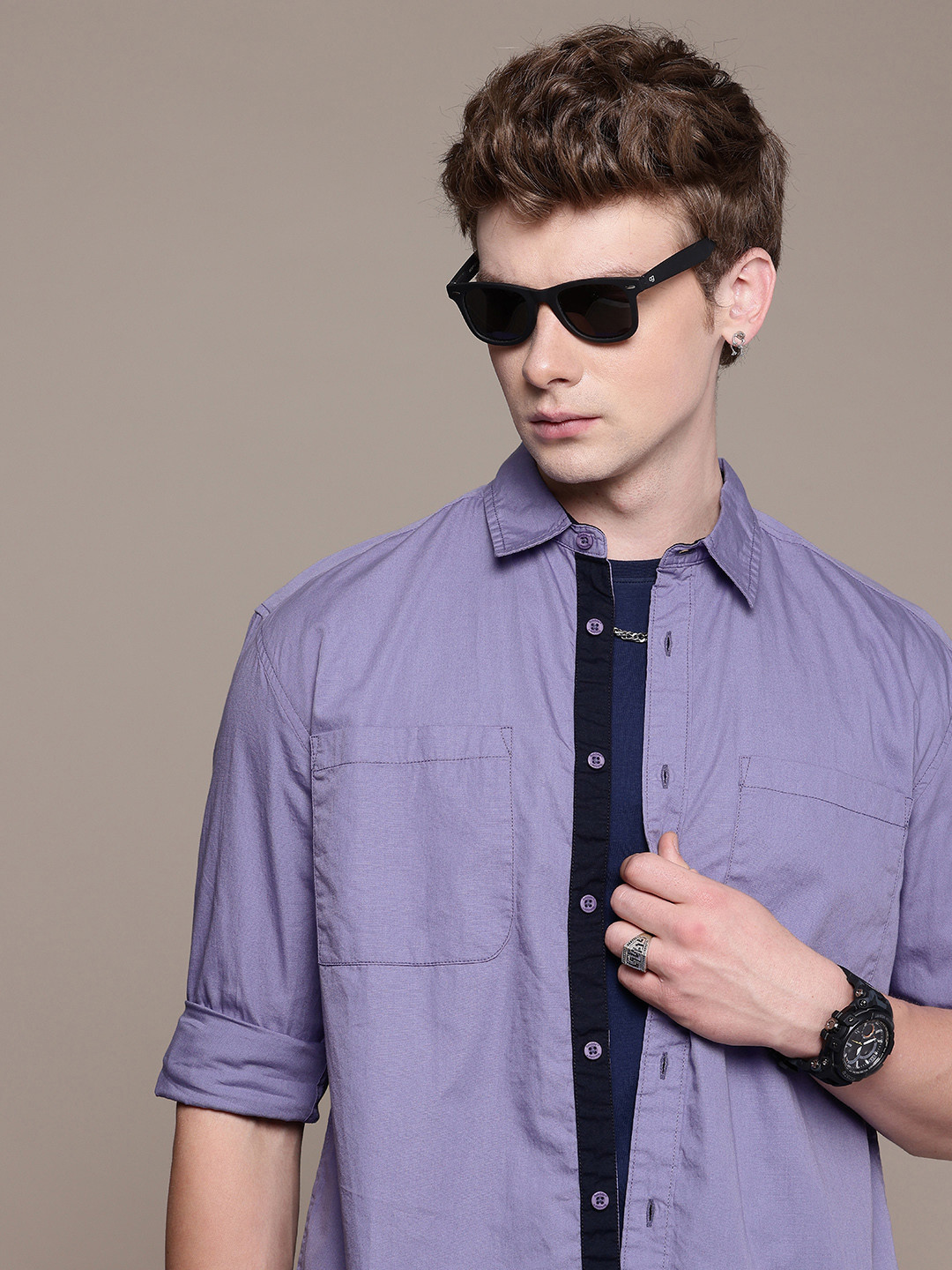 

The Roadster Life Co. Pure Cotton Drop-Shoulder Sleeves Relaxed Fit Casual Shirt, Purple