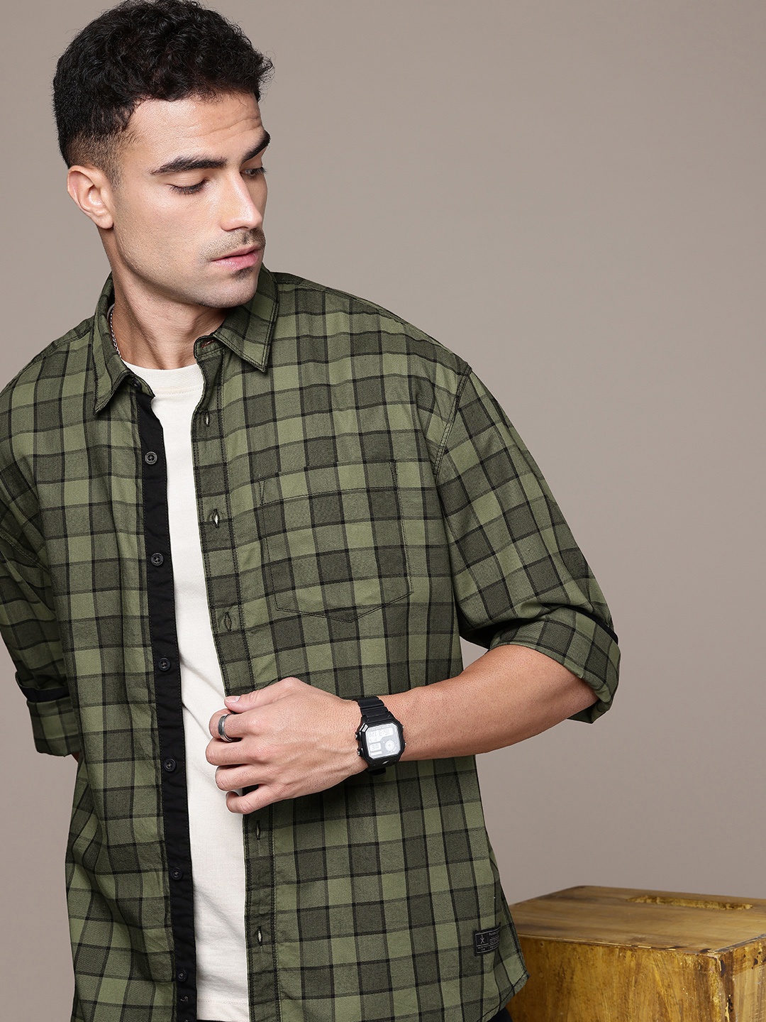 

The Roadster Life Co. Pure Cotton Checked Relaxed Fit Casual Shirt, Green