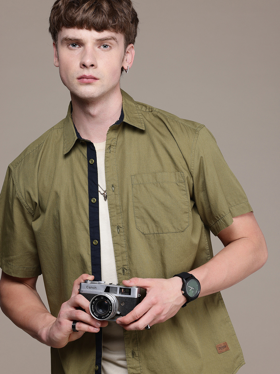 

The Roadster Life Co. Pure Cotton Drop-Shoulder Sleeves Relaxed Fit Casual Shirt, Olive