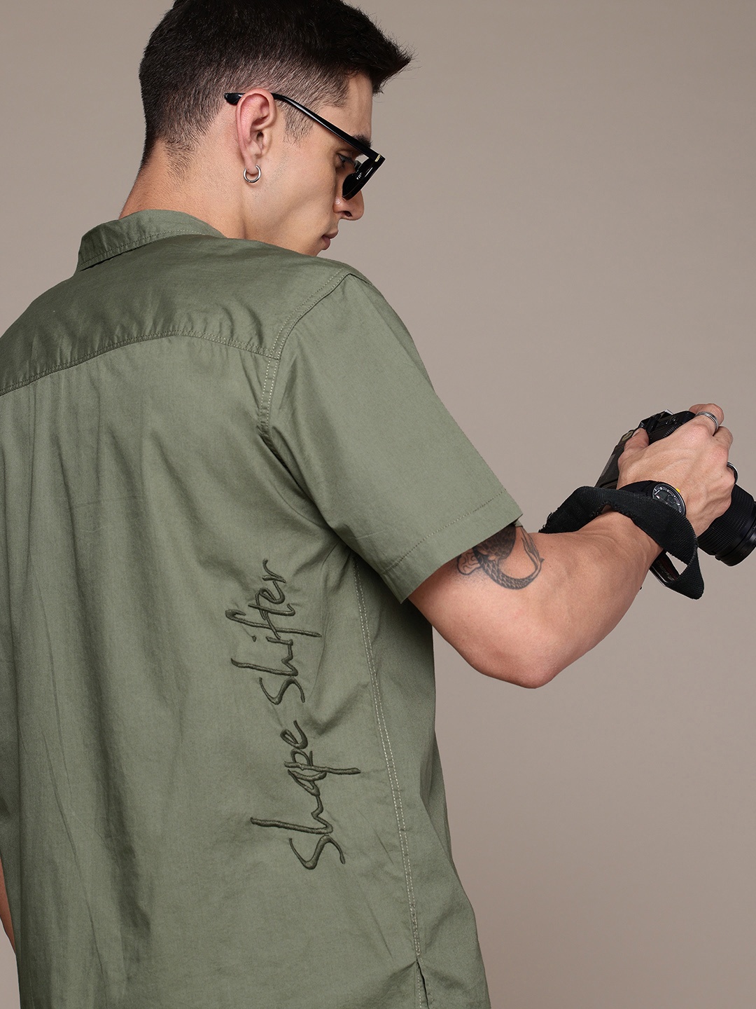 

The Roadster Life Co. Pure Cotton Embroidered Detailed Relaxed Casual Shirt, Olive