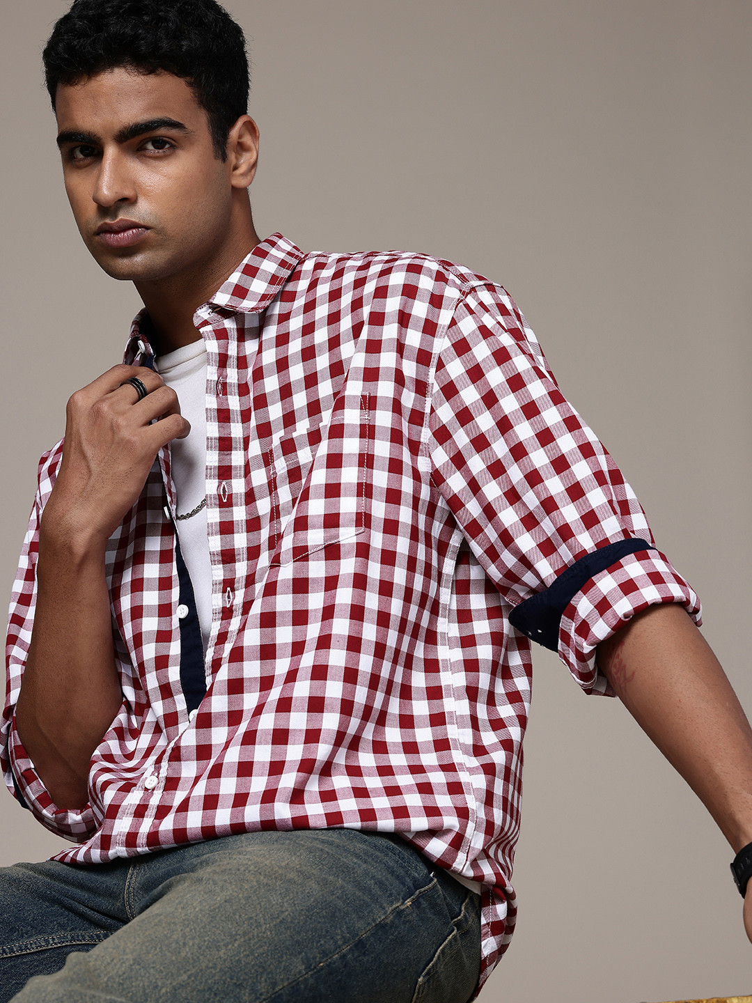 

The Roadster Life Co. Checked Drop-Shoulder Sleeves Relaxed Fit Pure Cotton Casual Shirt, Red