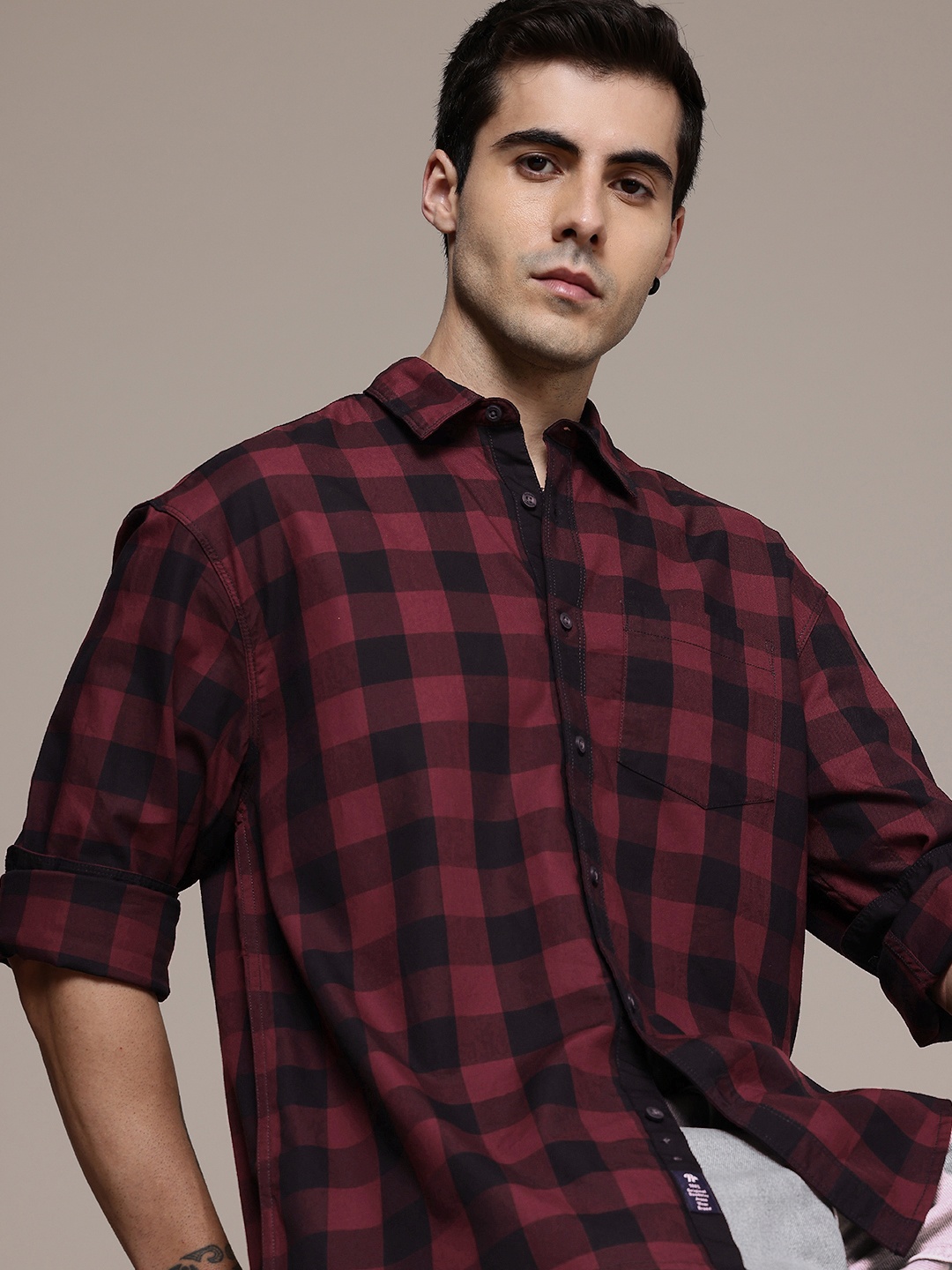 

The Roadster Life Co. Pure Cotton Buffalo Checked Relaxed Fit Casual Shirt, Maroon