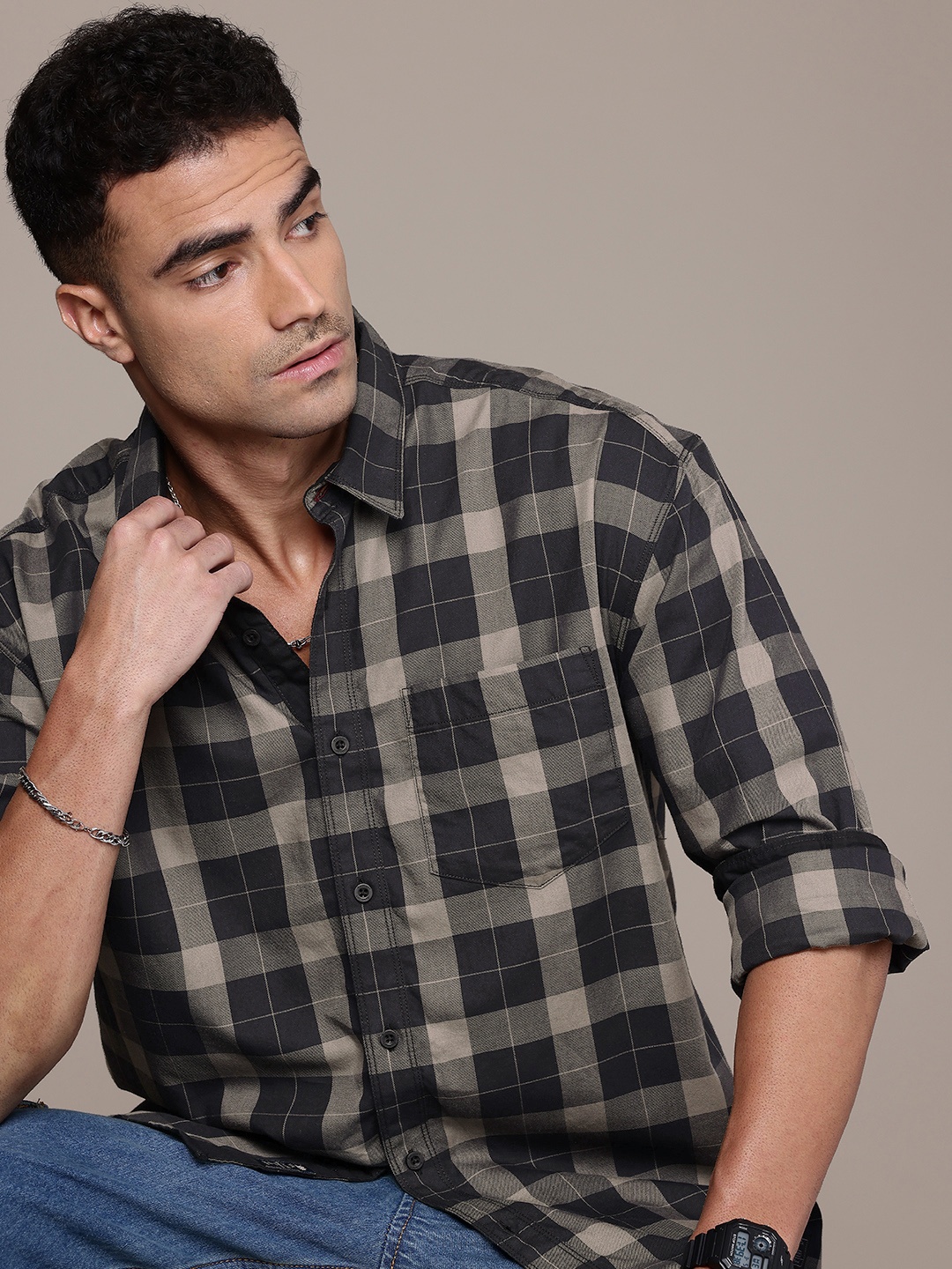 

The Roadster Life Co. Pure Cotton Checked Relaxed Fit Casual Shirt, Black