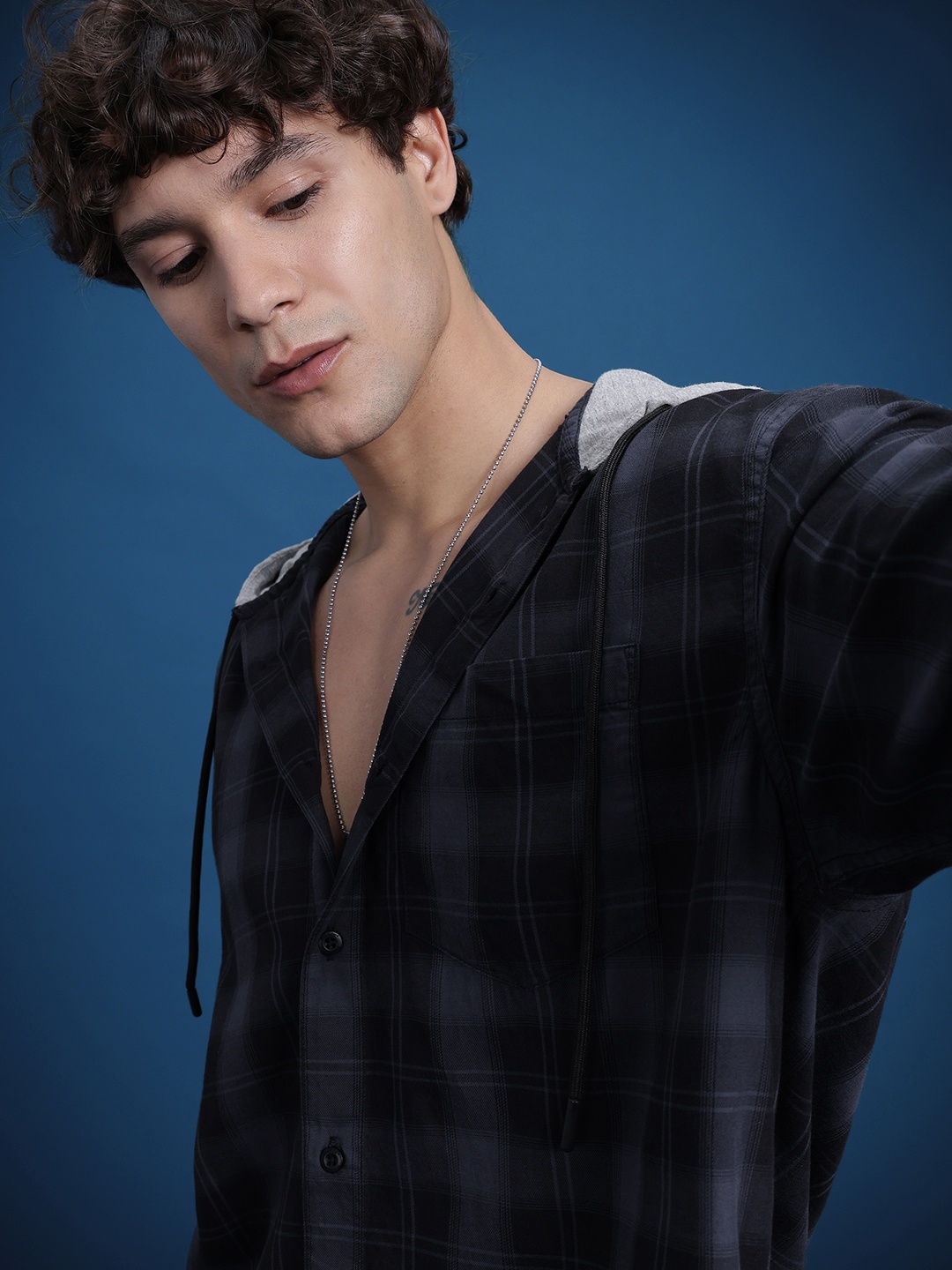 

The Roadster Life Co. Tartan Checked Hooded Oversized Casual Shirt, Black
