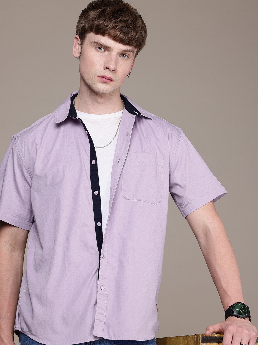 

The Roadster Life Co. Pure Cotton Drop-Shoulder Sleeves Relaxed Fit Casual Shirt, Purple