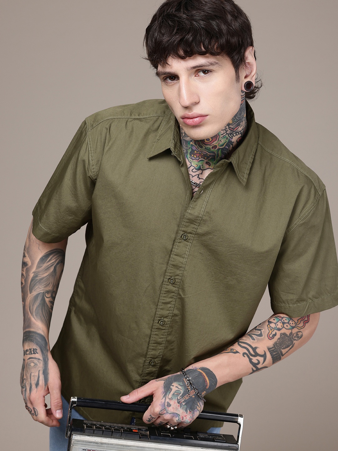 

The Roadster Life Co. Embroidered Pure Cotton Casual Shirt, Olive