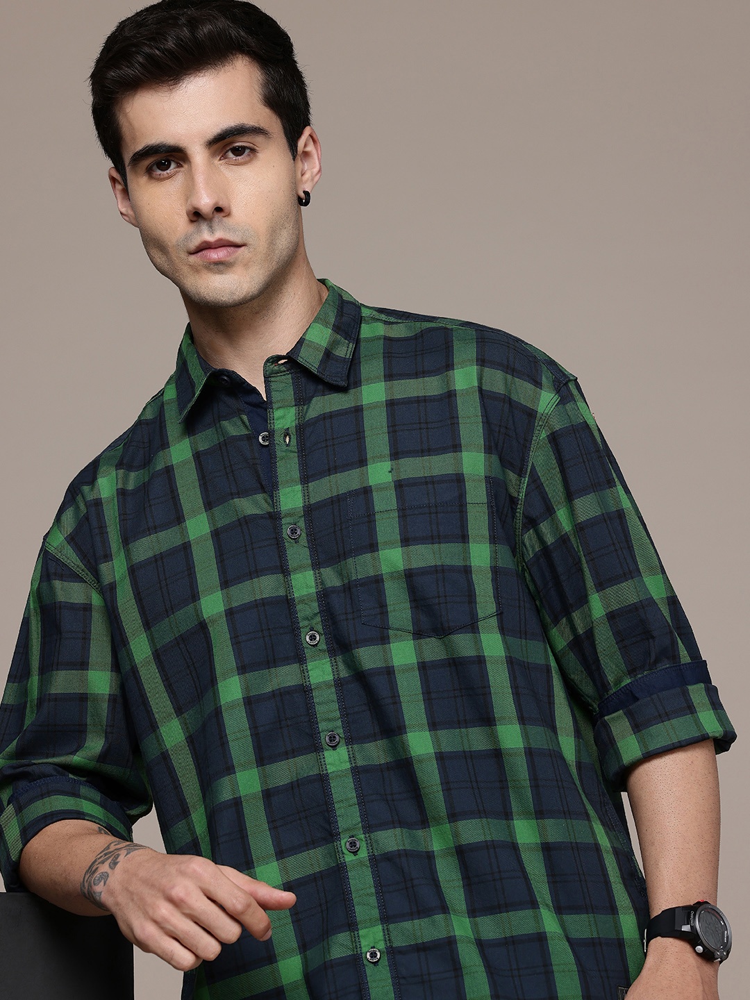 

The Roadster Life Co. Pure Cotton Checked Relaxed Fit Casual Shirt, Green