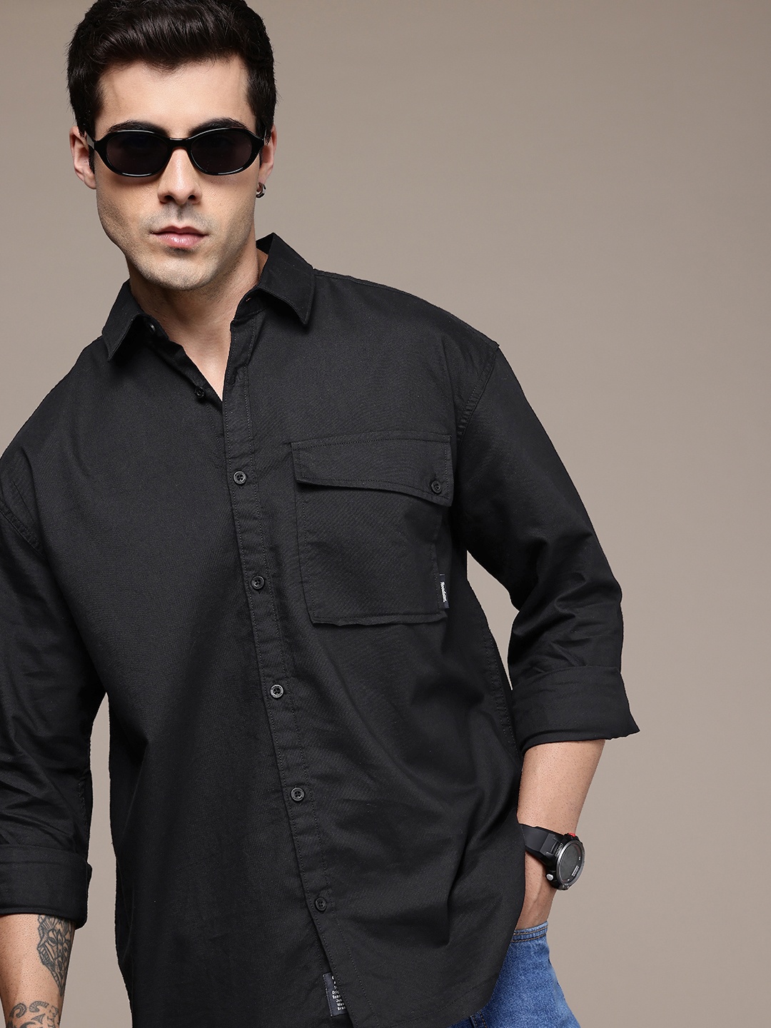 

The Roadster Life Co. Pure Cotton Drop-Shoulder Sleeves Relaxed Fit Casual Shirt, Black