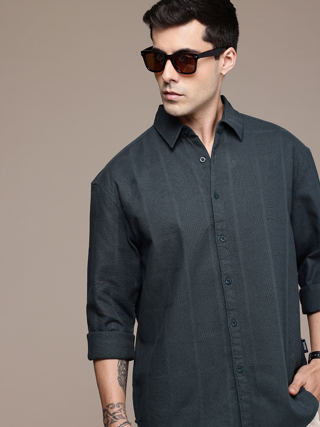 

The Roadster Life Co. Pure Cotton Checked Textured Relaxed Fit Shirt, Green