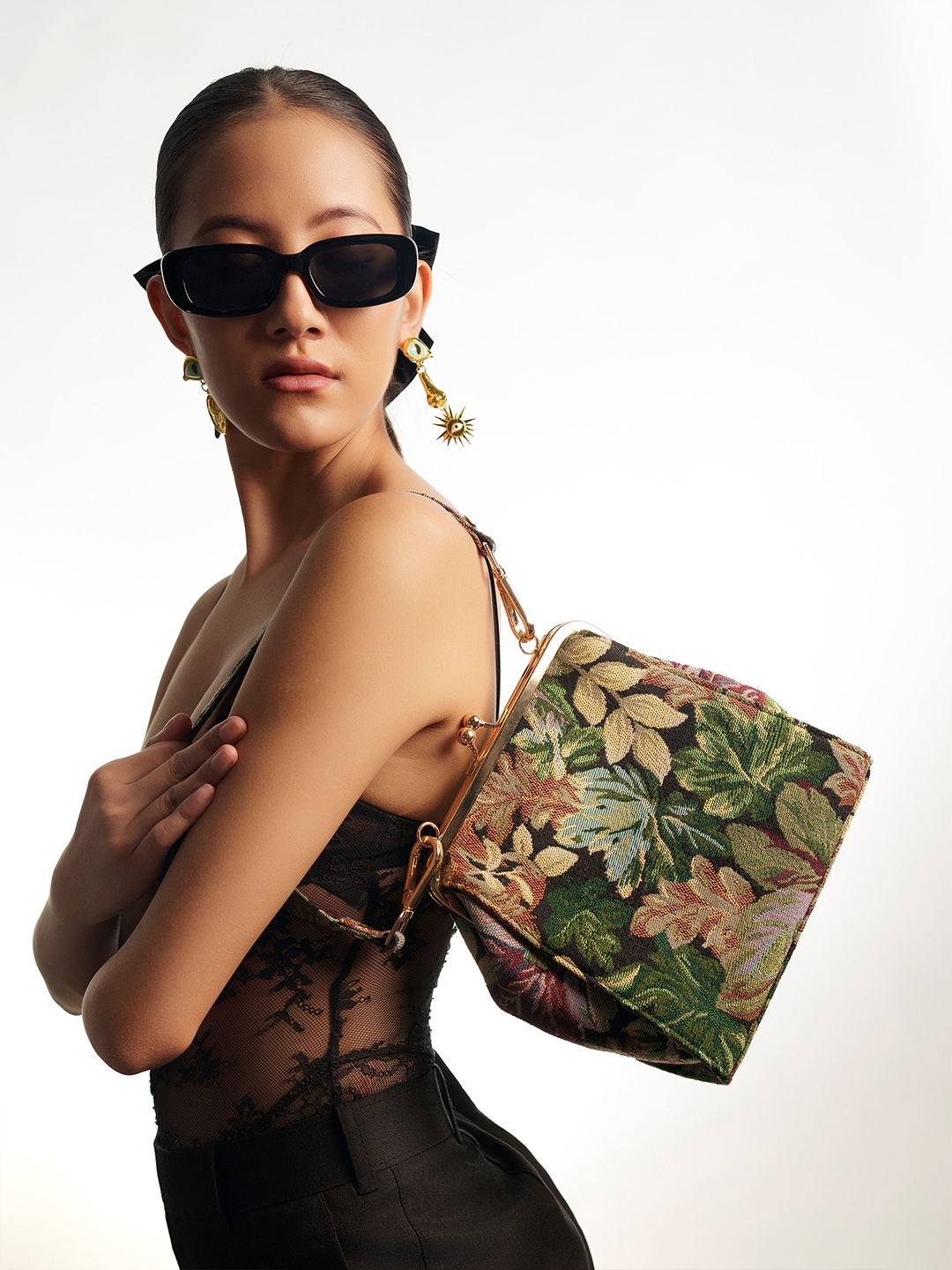 

Theater Women Floral Printed Structured Sling Bag, Green