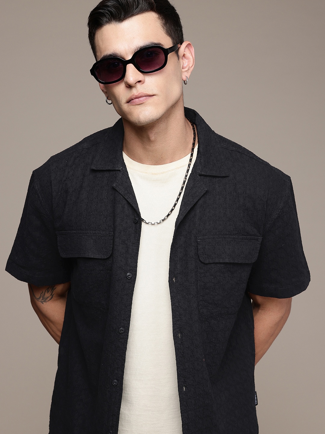 

The Roadster Life Co. Pure Cotton Textured Relaxed Fit Casual Shirt, Black