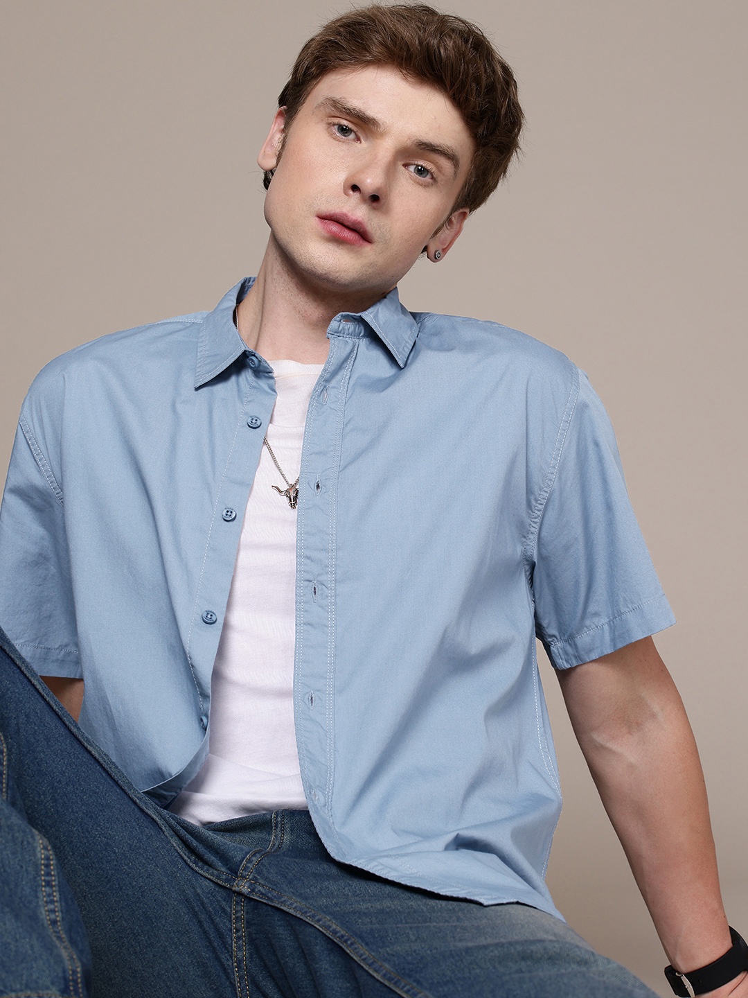 

The Roadster Life Co. Pure Cotton Embroidered Detailed Relaxed Casual Shirt, Blue