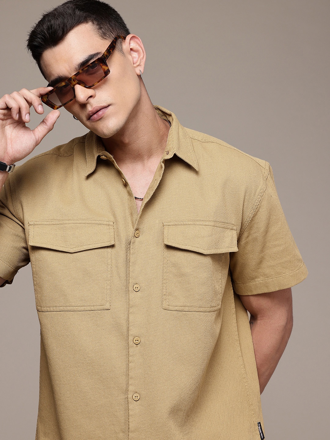 

The Roadster Life Co. Relaxed Fit Self Design Pure Cotton Casual Shirt, Beige