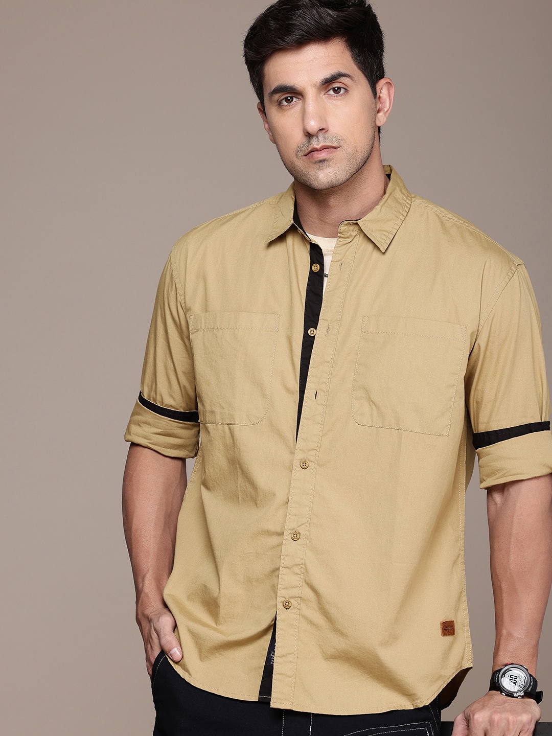 

The Roadster Life Co. Pure Cotton Drop-Shoulder Sleeves Relaxed Fit Casual Shirt, Khaki