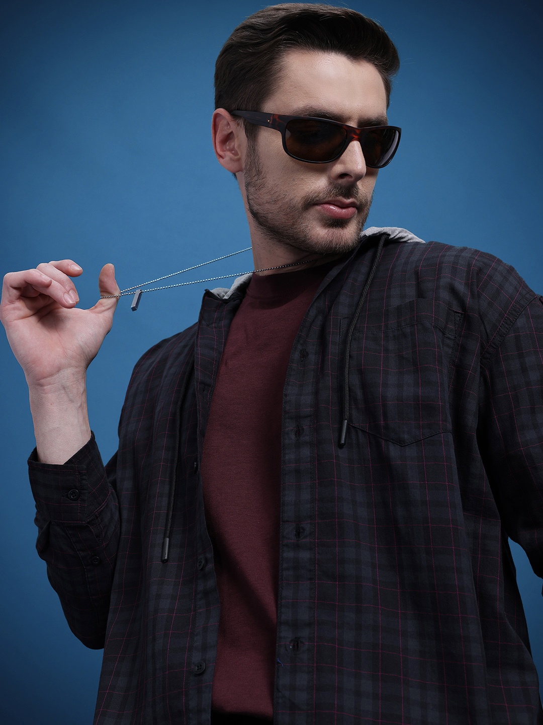 

The Roadster Life Co. Checked Hooded Oversized Casual Shirt, Black