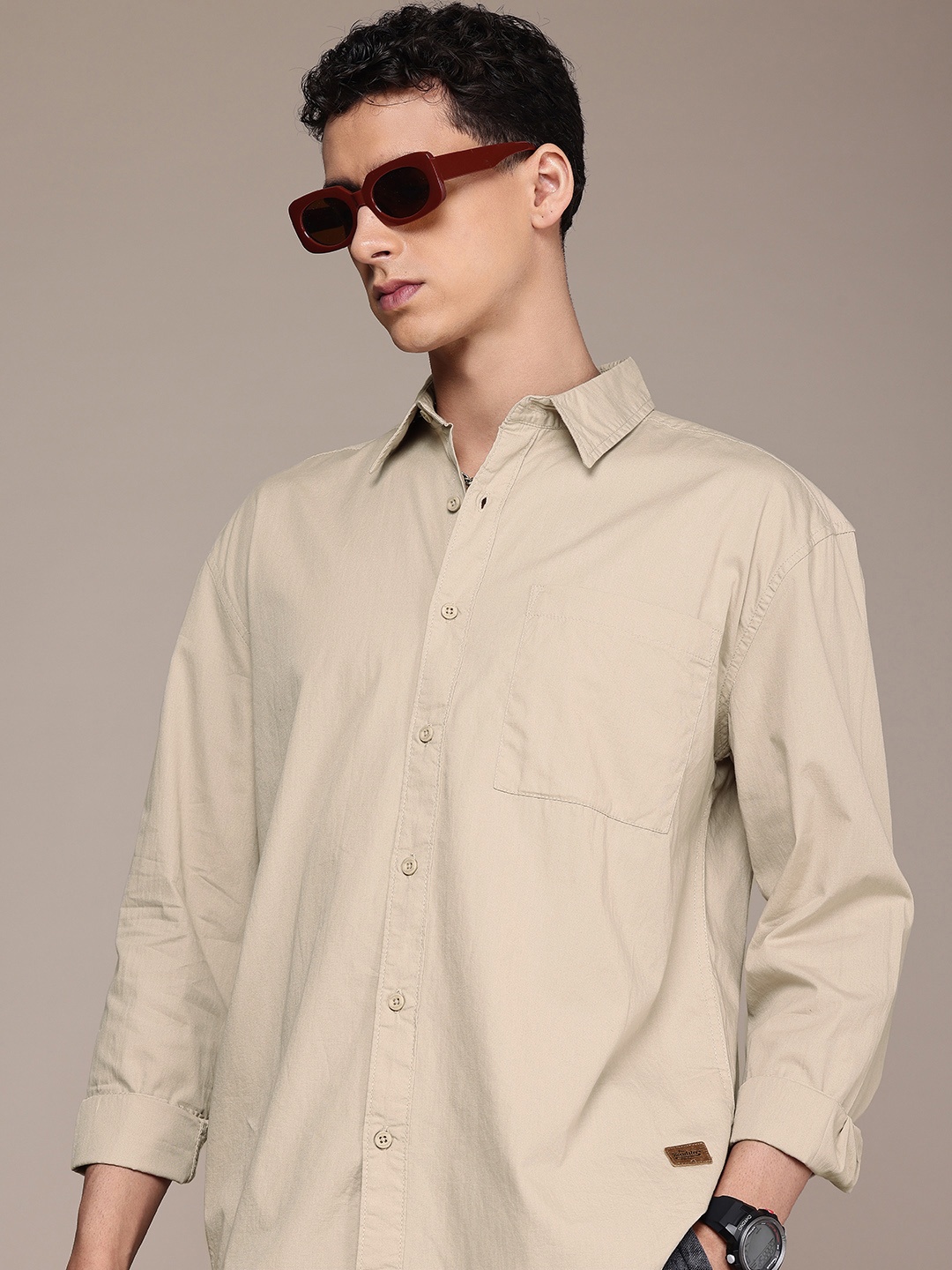 

The Roadster Life Co. Relaxed Fit Drop-Shoulder Sleeves Pure Cotton Casual Shirt, Beige