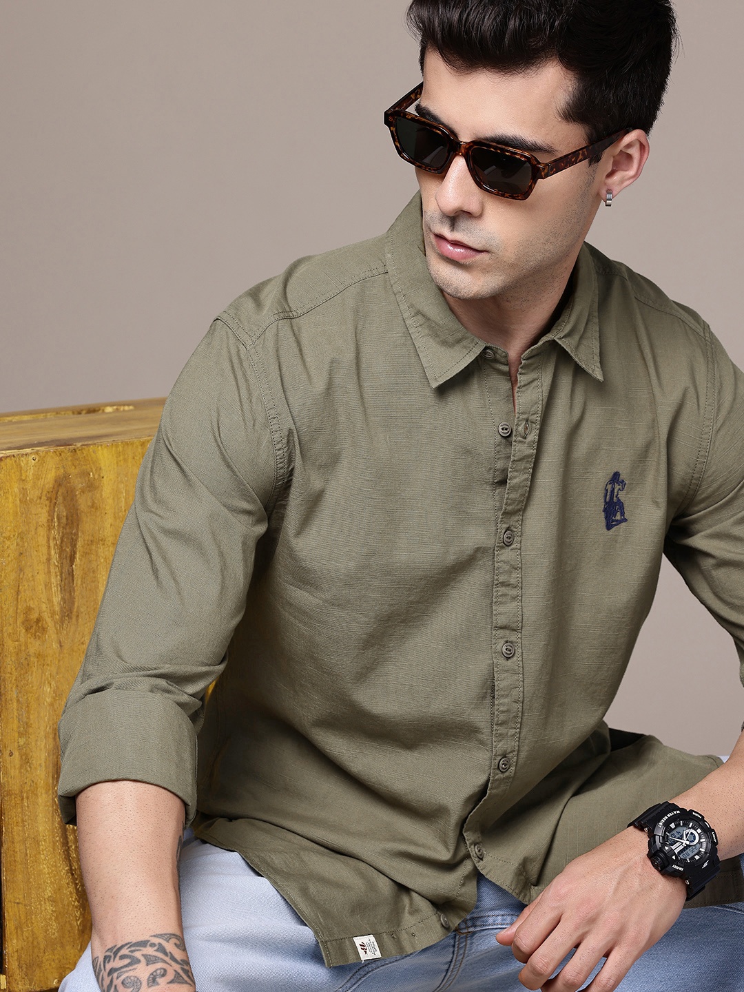 

The Roadster Life Co. Pure Cotton Opaque Casual Shirt, Olive
