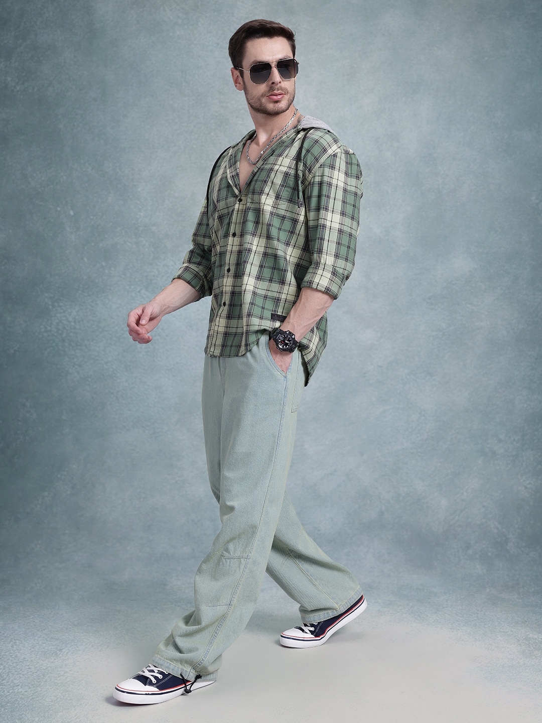 

The Roadster Life Co. Tartan Checks Pure Cotton Hooded Relaxed Fit Shirt, Green