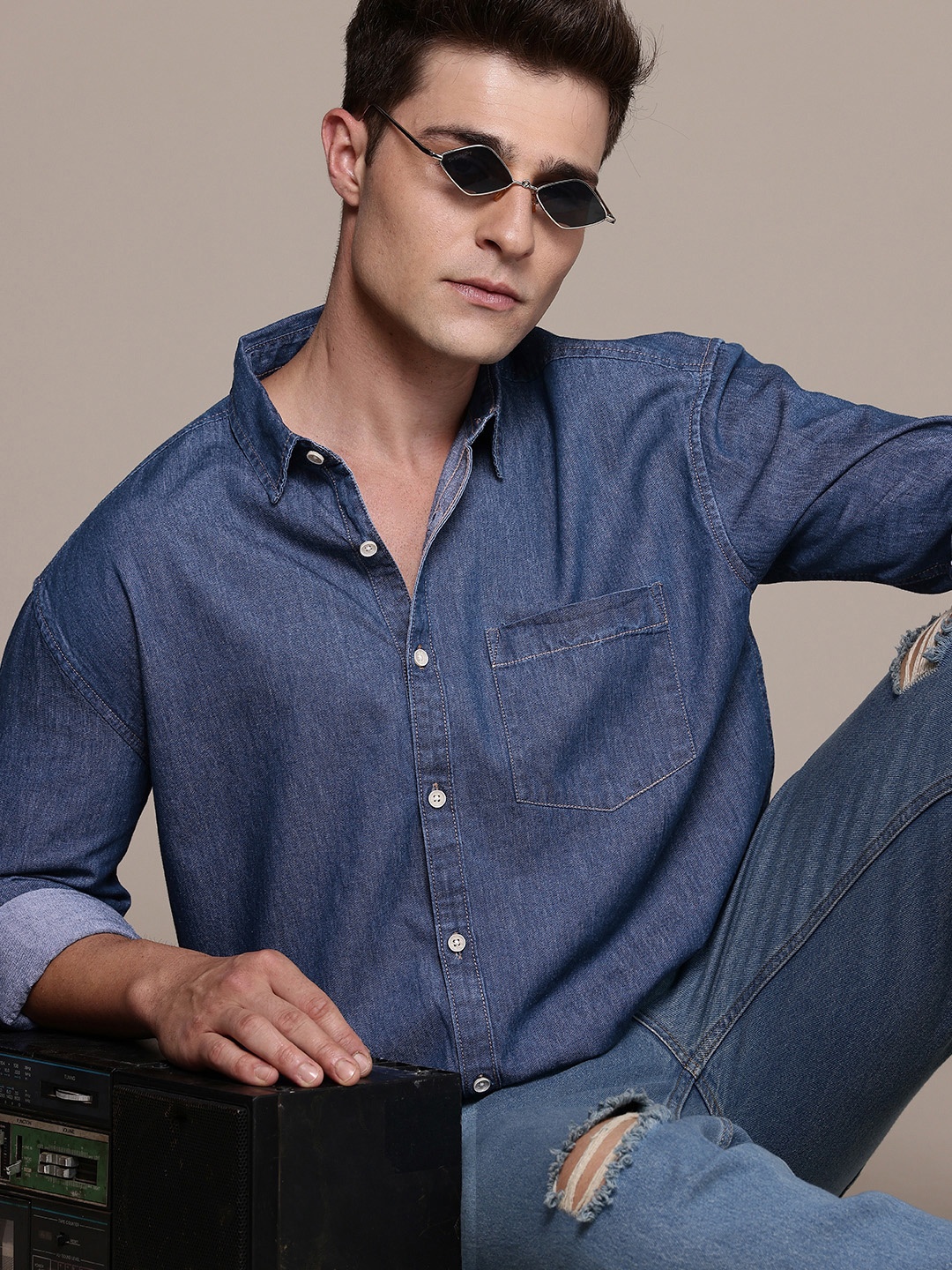 

The Roadster Life Co. Opaque Chambray Pure Cotton Casual Shirt, Blue