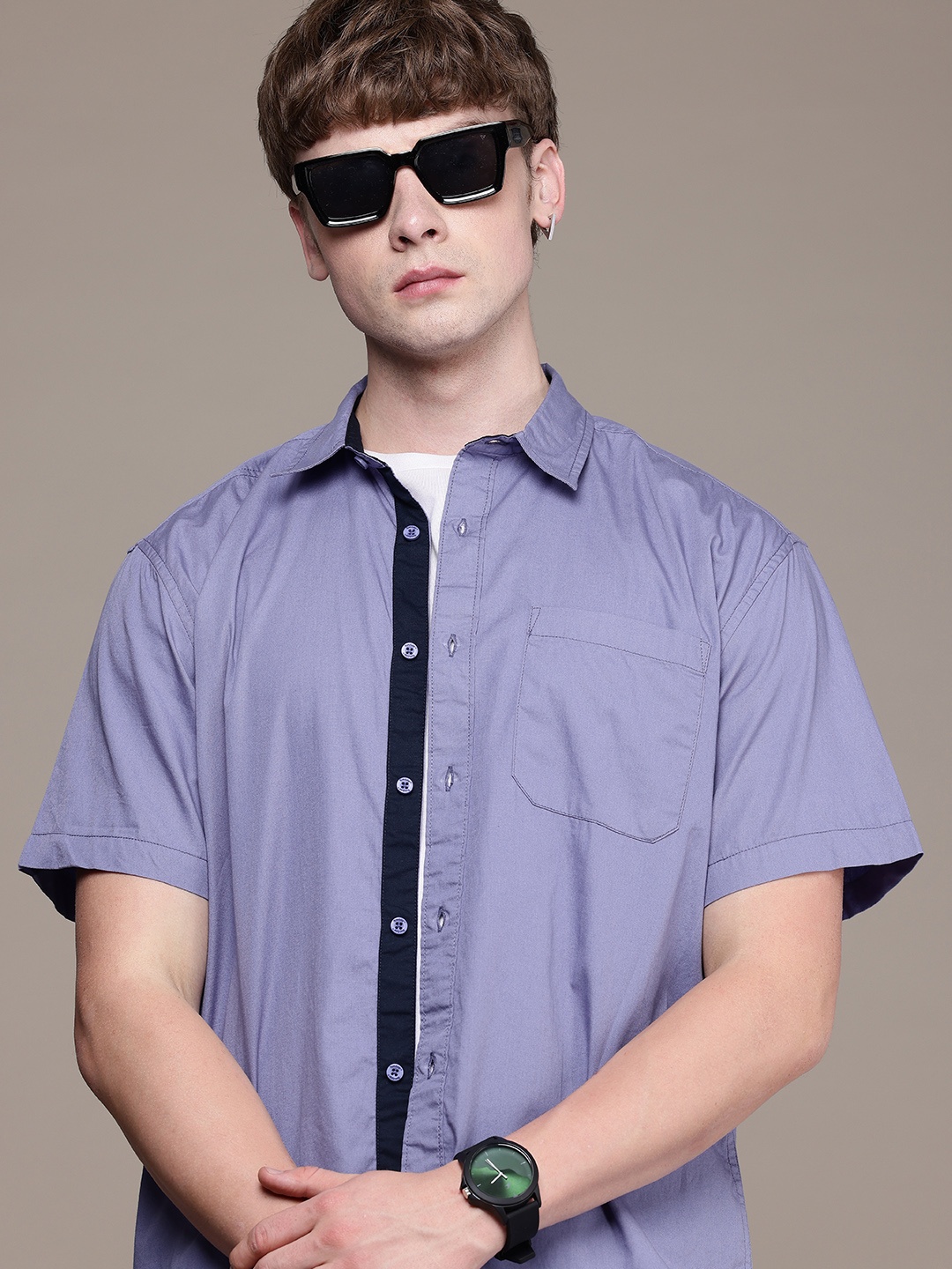 

The Roadster Life Co. Pure Cotton Drop-Shoulder Sleeves Relaxed Fit Casual Shirt, Purple