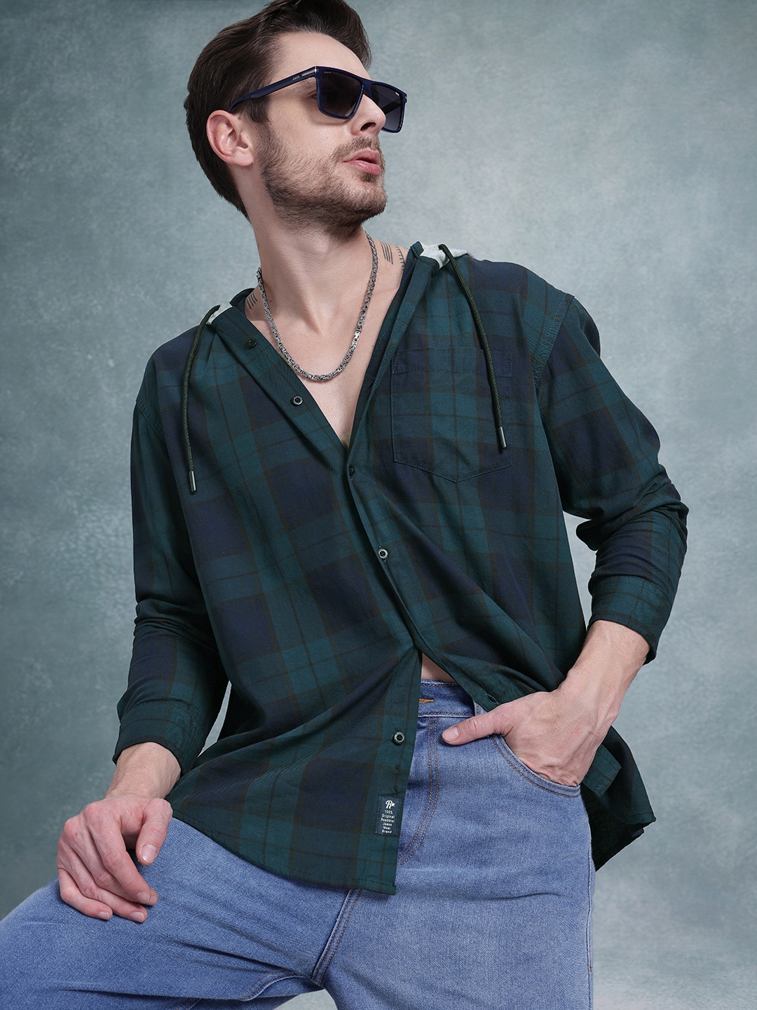 

The Roadster Life Co. Tartan Checks Pure Cotton Hooded Relaxed Fit Shirt, Teal