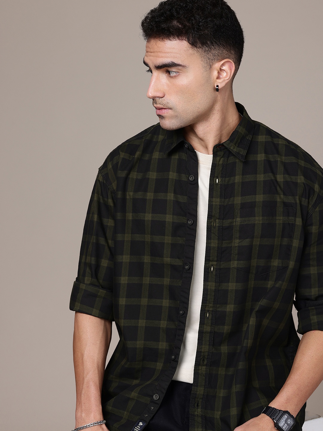 

The Roadster Life Co. Pure Cotton Checked Relaxed Fit Casual Shirt, Olive