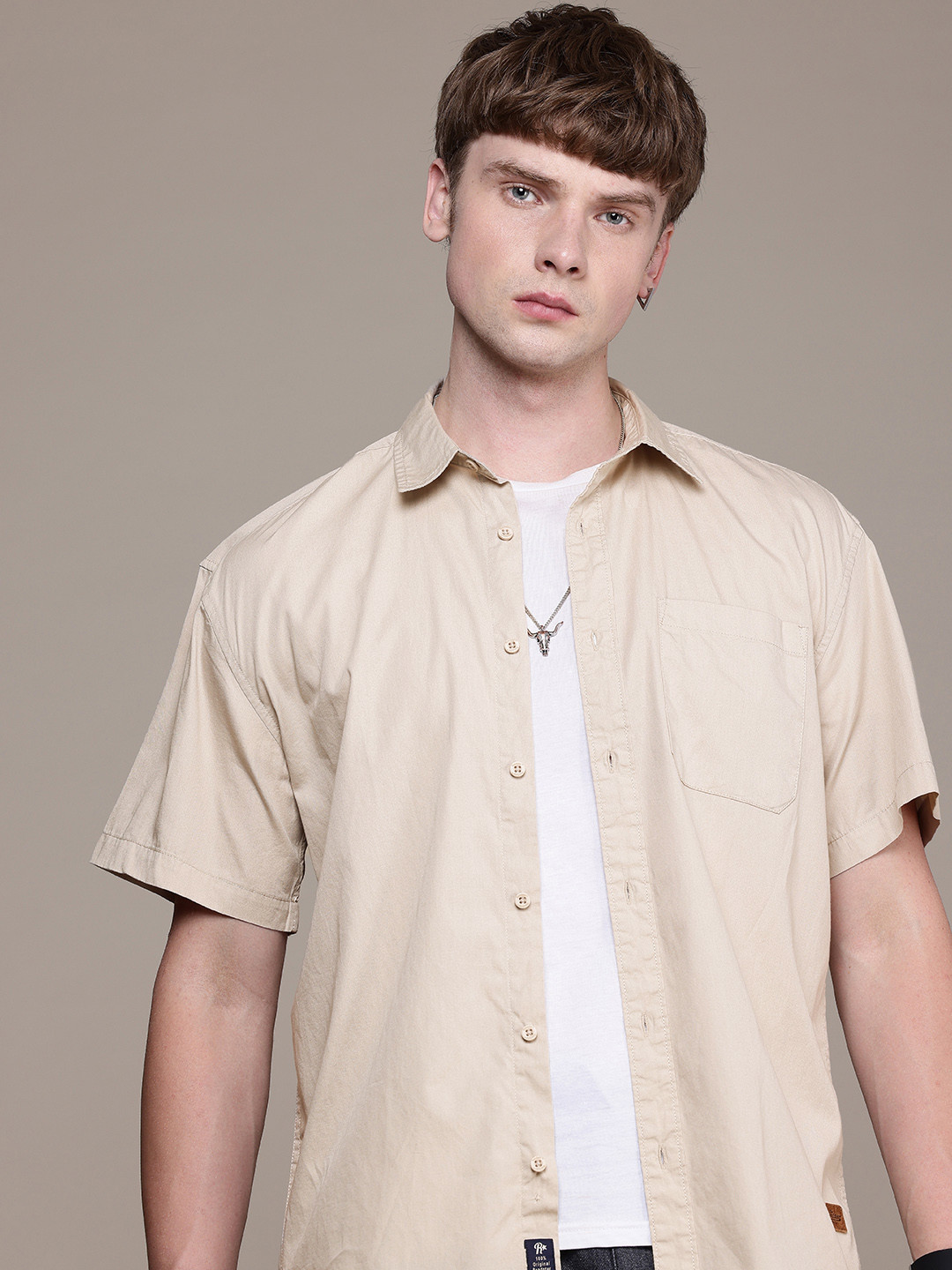 

The Roadster Life Co. Pure Cotton Drop-Shoulder Sleeves Relaxed Fit Casual Shirt, Beige