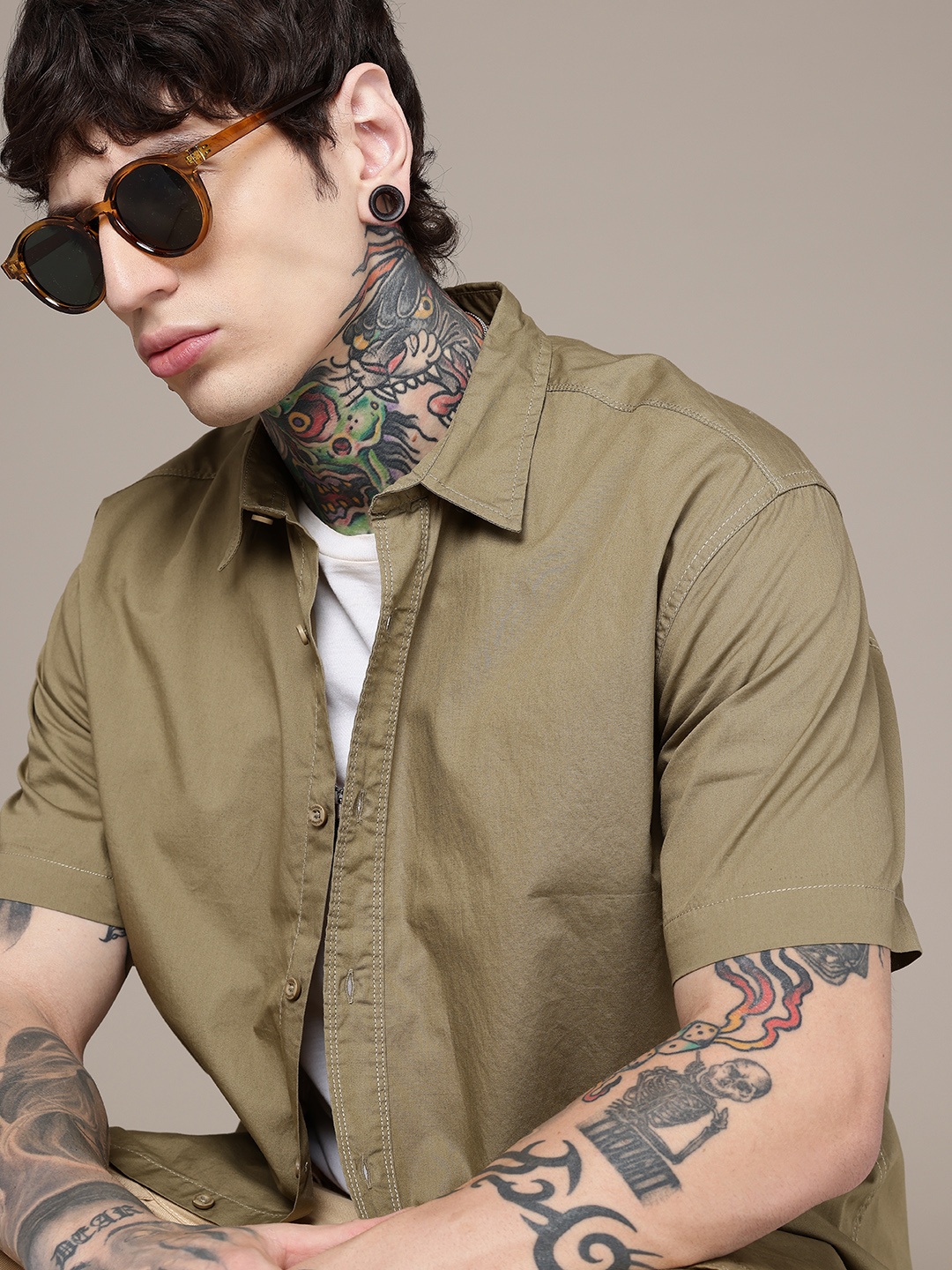 

The Roadster Life Co. Pure Cotton Embroidered Relaxed Fit Casual Shirt, Olive