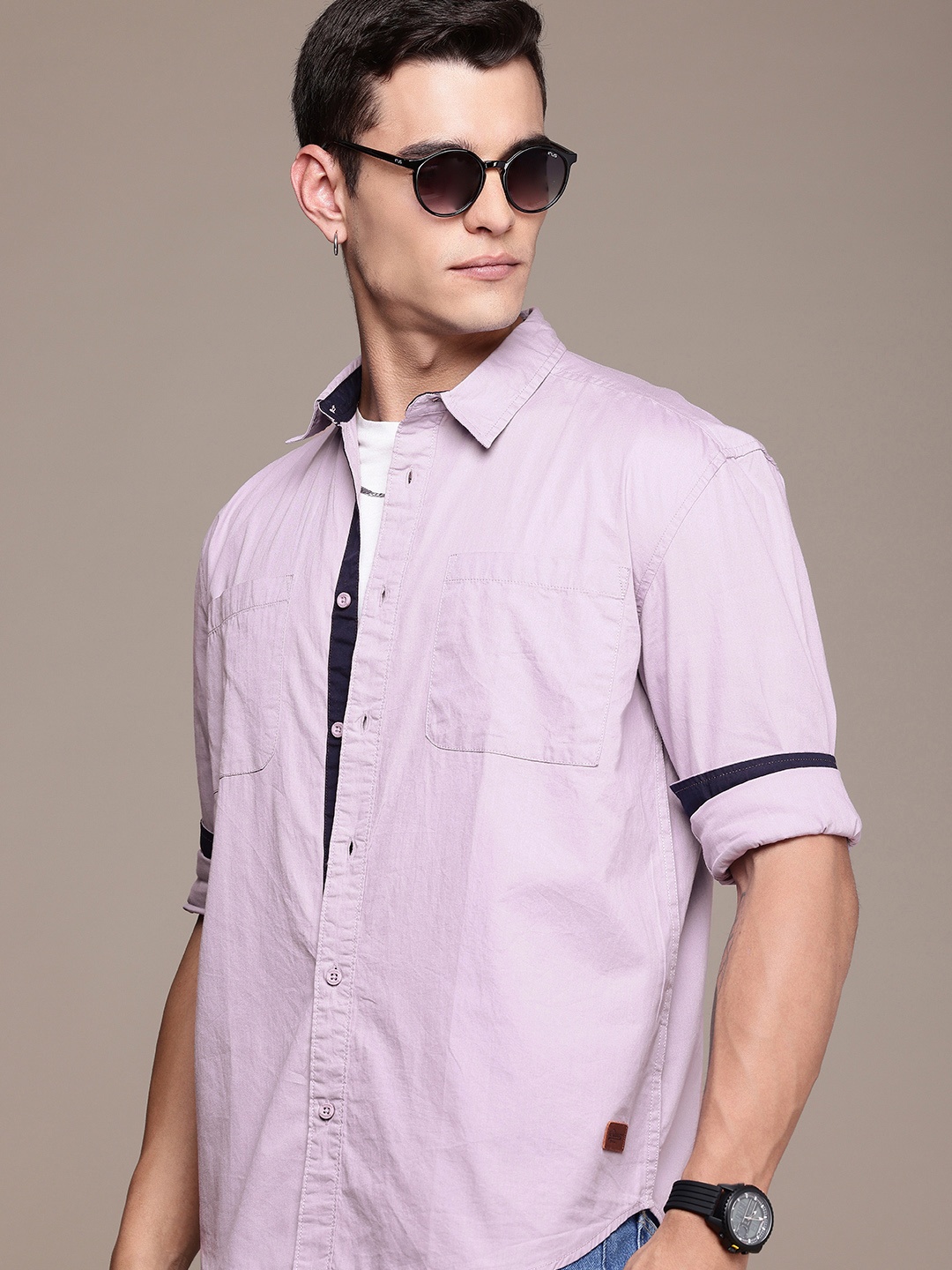 

The Roadster Life Co. Pure Cotton Drop-Shoulder Sleeves Relaxed Fit Casual Shirt, Purple