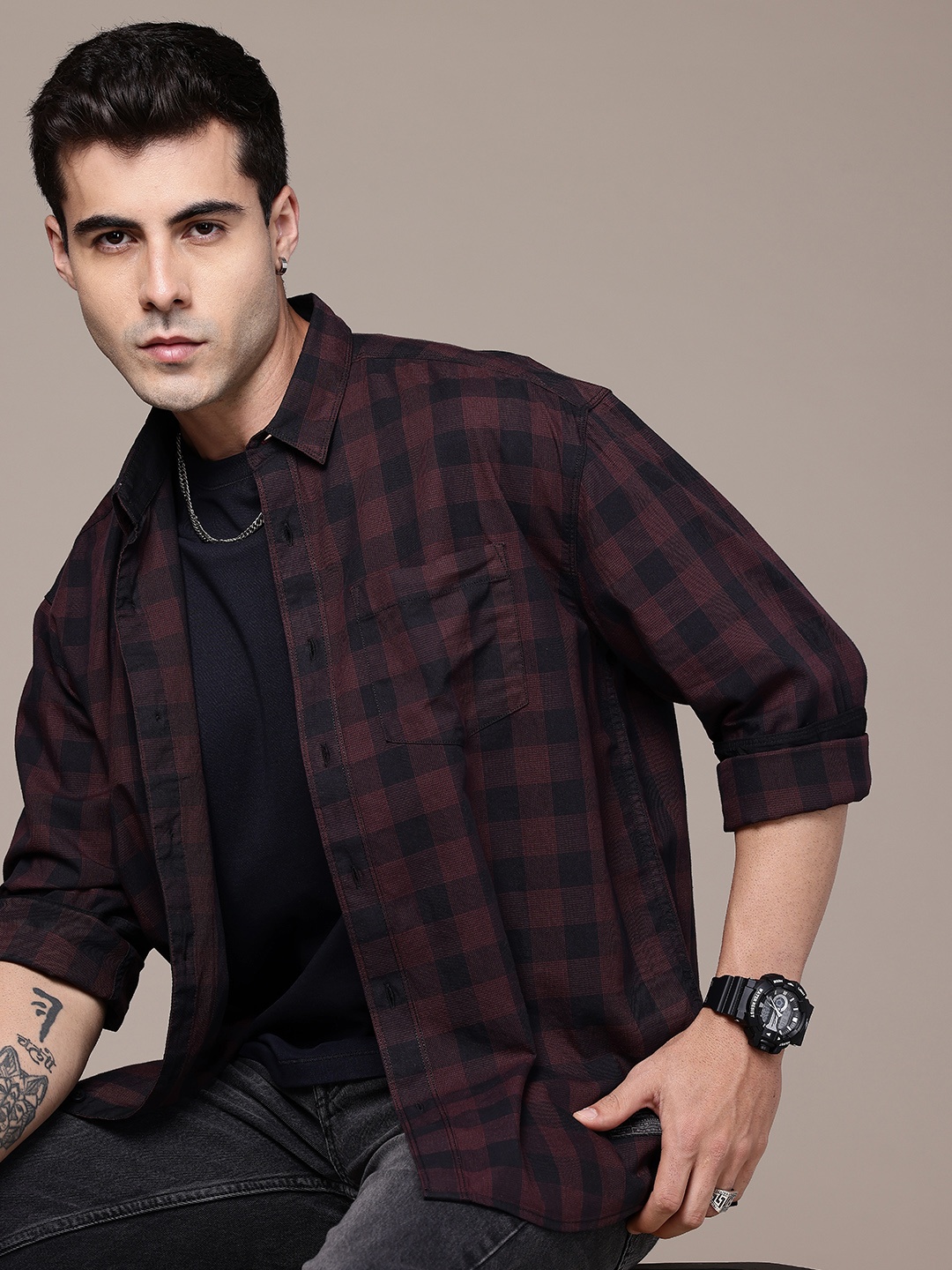 

The Roadster Life Co. Pure Cotton Tartan Checks Opaque Casual Shirt, Maroon