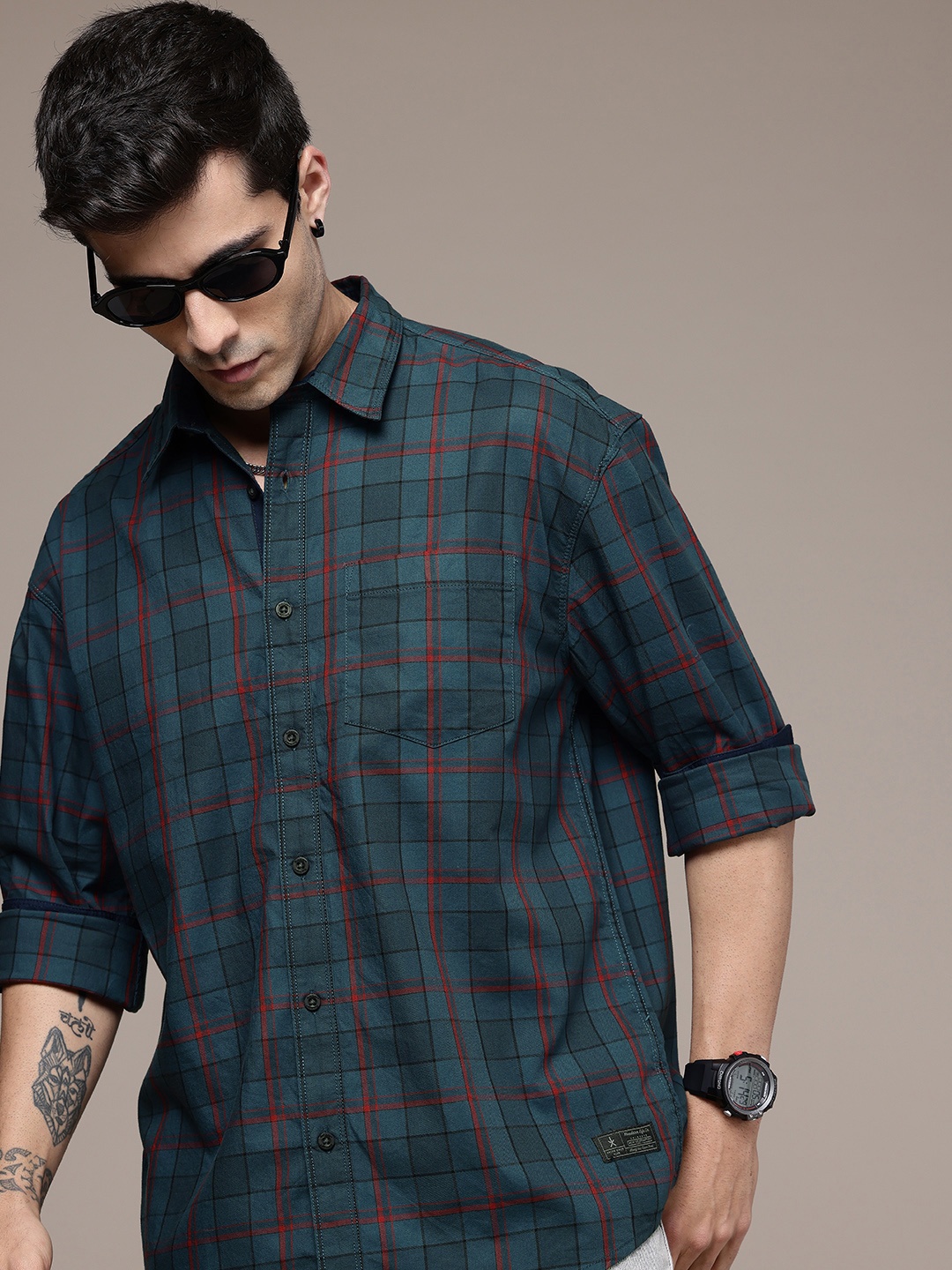 

The Roadster Life Co. Pure Cotton Checked Relaxed Fit Casual Shirt, Teal