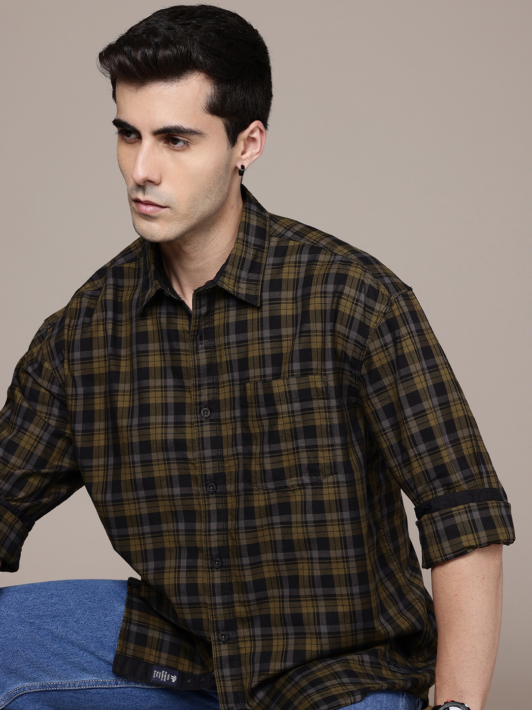 

The Roadster Life Co. Pure Cotton Checked Relaxed Fit Casual Shirt, Olive