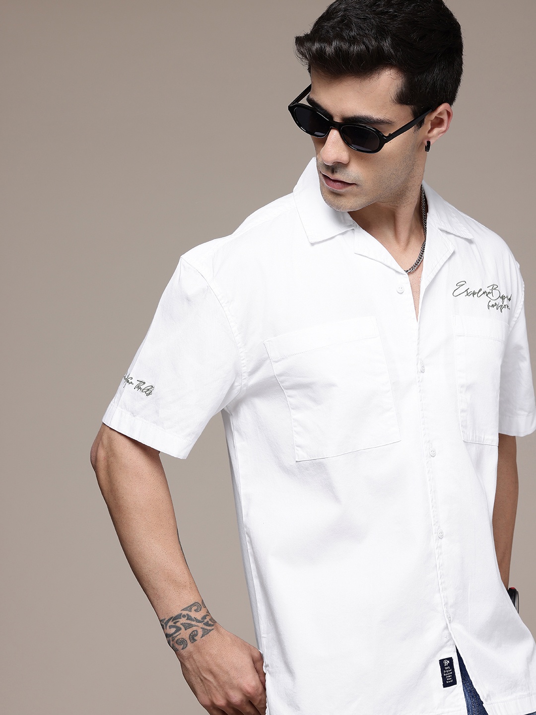 

The Roadster Life Co. Relaxed Fit Opaque Typography Embroidered Pure Cotton Casual Shirt, White