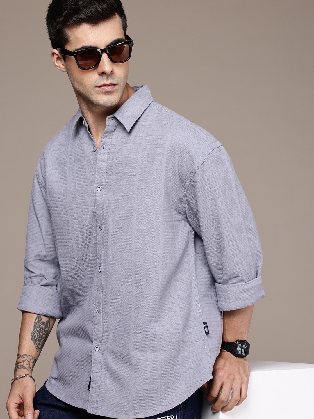 

The Roadster Life Co. Pure Cotton Checked Textured Relaxed Fit Shirt, Grey