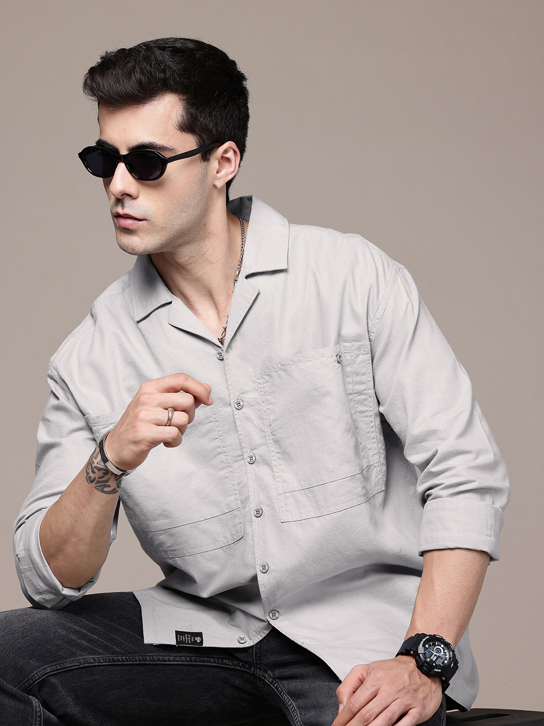 

The Roadster Life Co. Relaxed Fit Drop-Shoulder Sleeves Pure Cotton Casual Shirt, Grey