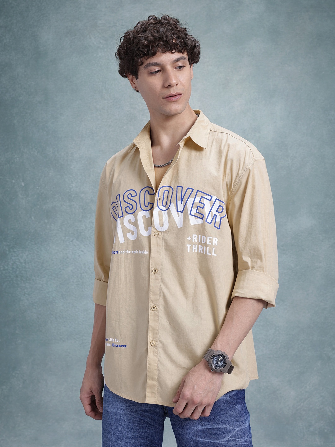 

The Roadster Life Co. Men Printed Pure Cotton Relaxed Fit Casual Shirt, Beige
