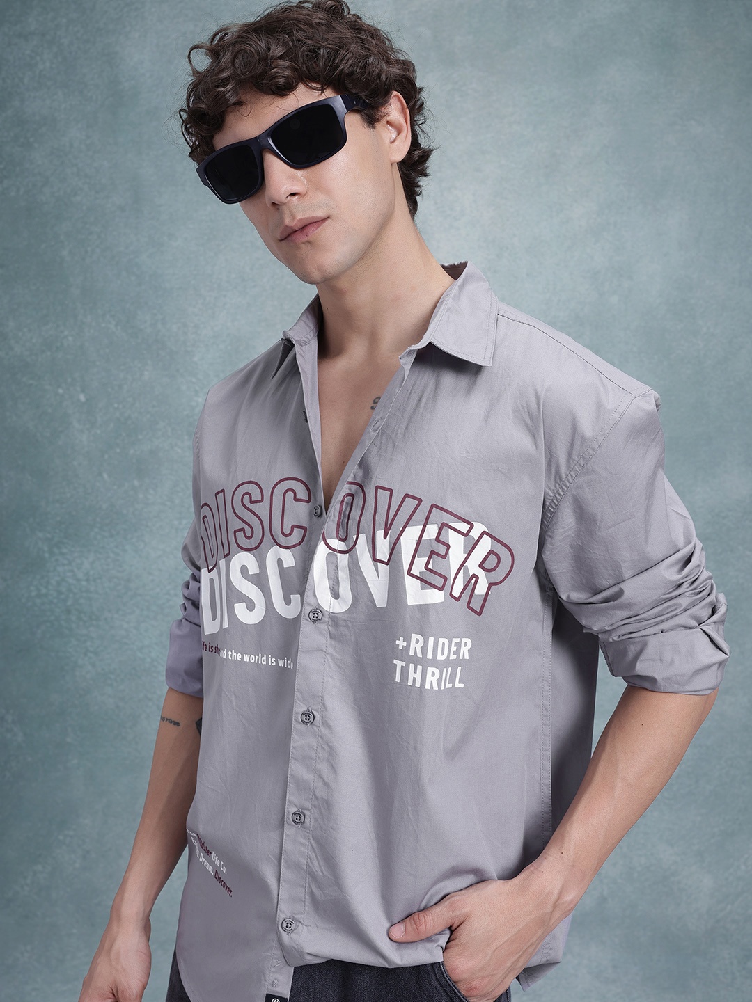 

The Roadster Life Co. Printed Pure Cotton Relaxed Shirt, Grey