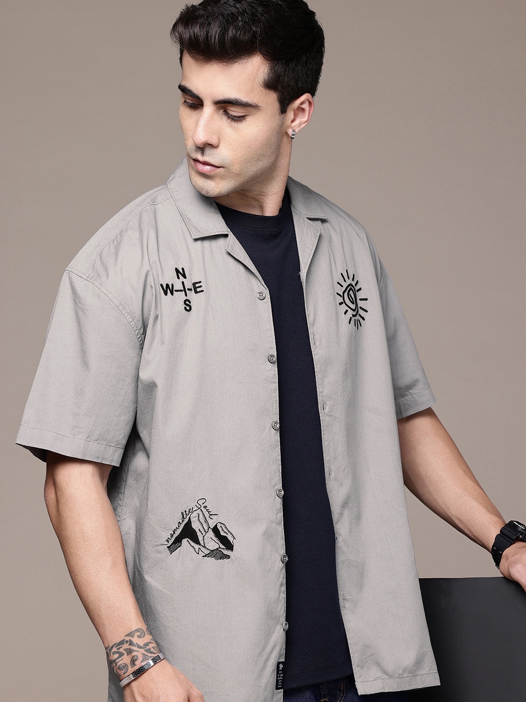 

The Roadster Life Co. Relaxed Fit Graphic Embroidered Detail Pure Cotton Casual Shirt, Grey