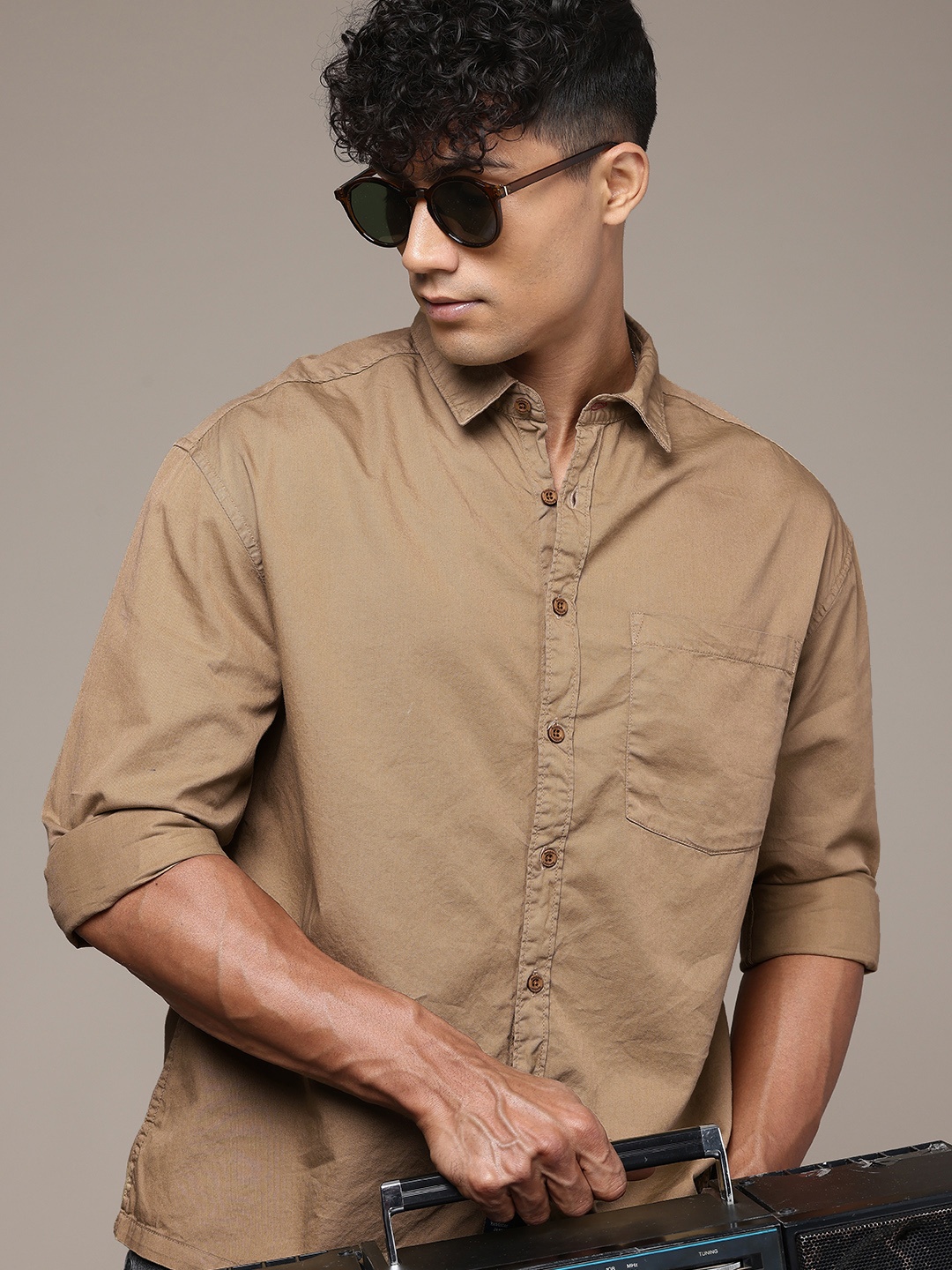

The Roadster Life Co. Relaxed Fit Drop-Shoulder Sleeves Pure Cotton Casual Shirt, Brown