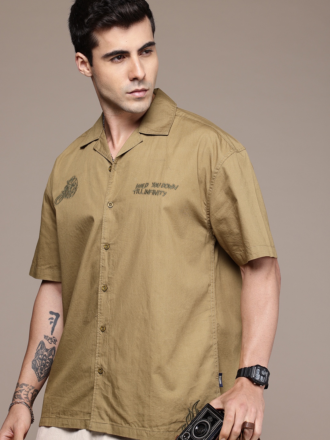 

The Roadster Life Co. Pure Cotton Graphic Embroidered Relaxed Fit Shirt, Olive