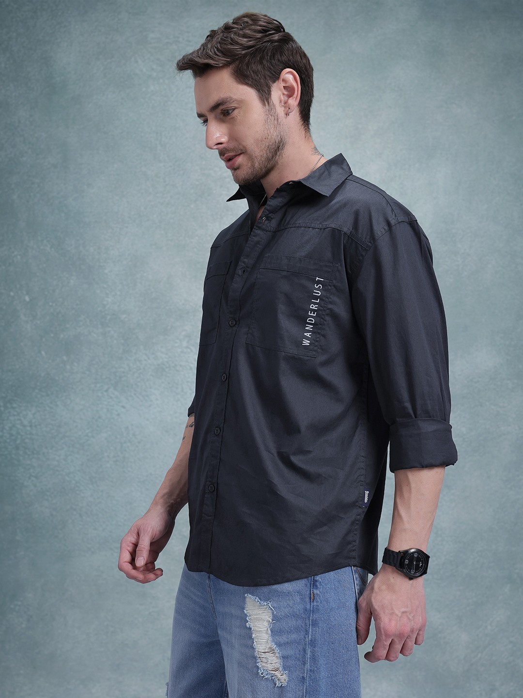 

The Roadster Life Co. Men Pure Cotton Relaxed Fit Casual Shirt, Charcoal