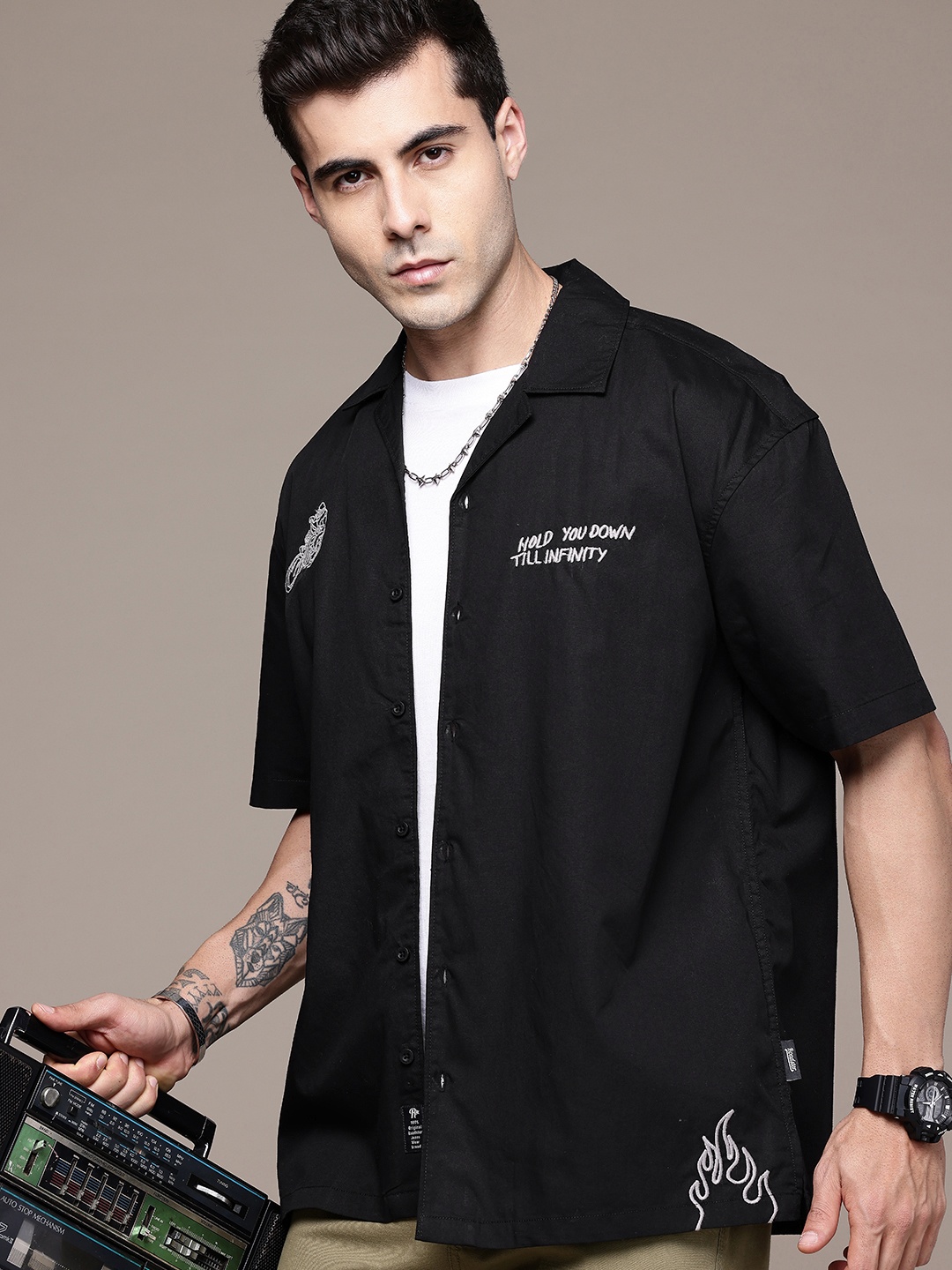 

The Roadster Life Co. Relaxed Fit Graphic Embroidered Detail Pure Cotton Casual Shirt, Black