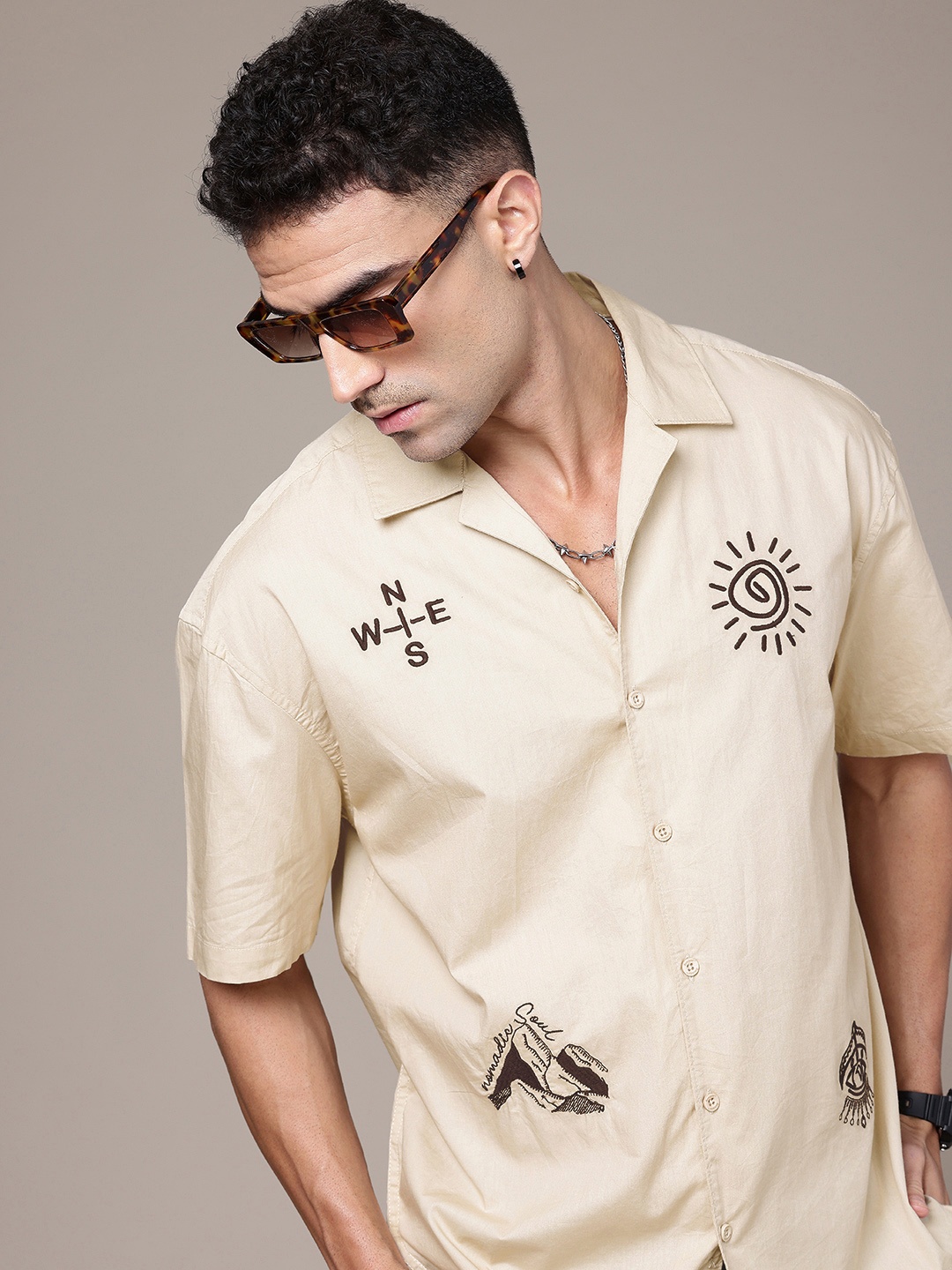 

The Roadster Life Co. Relaxed Fit Opaque Embroidered Pure Cotton Casual Shirt, Beige