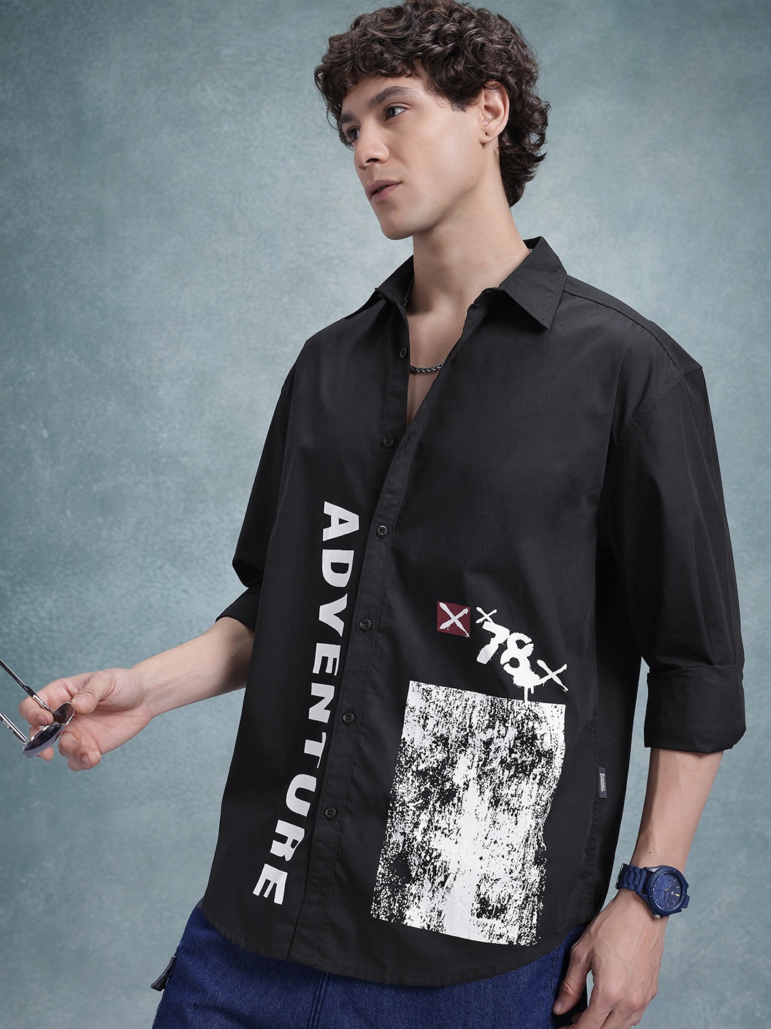 

The Roadster Life Co. Relaxed Fit Printed Pure Cotton Shirt, Black