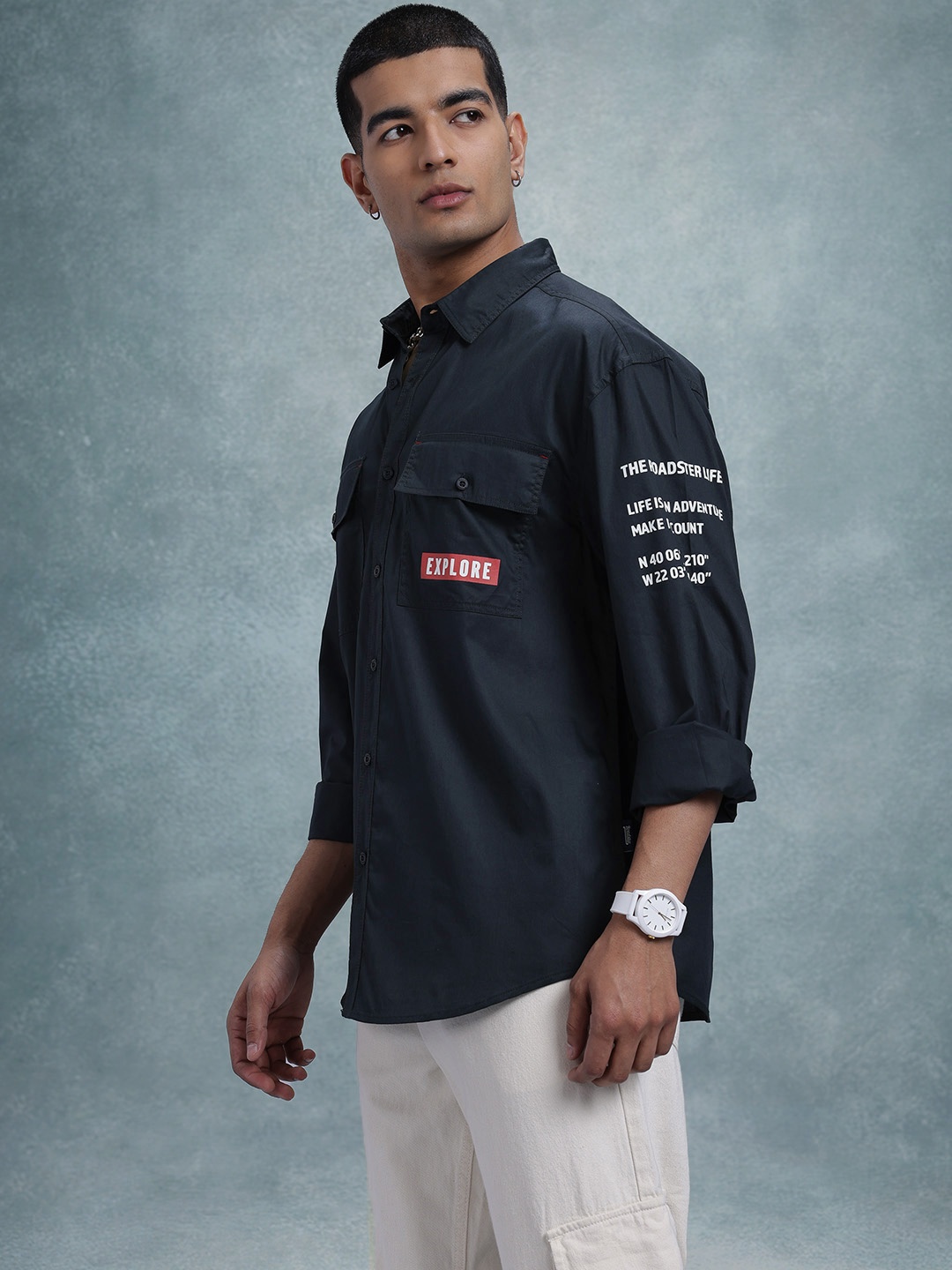 

The Roadster Life Co. Cotton Printed Detail Relaxed Shirt, Charcoal