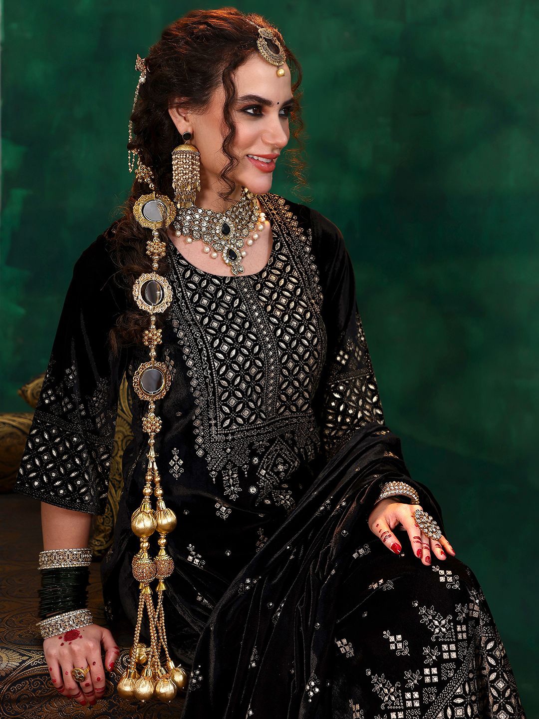 

Libas Ethnic Motifs Embroidered Straight Velvet Sequinned Kurta with Salwar & Dupatta, Black