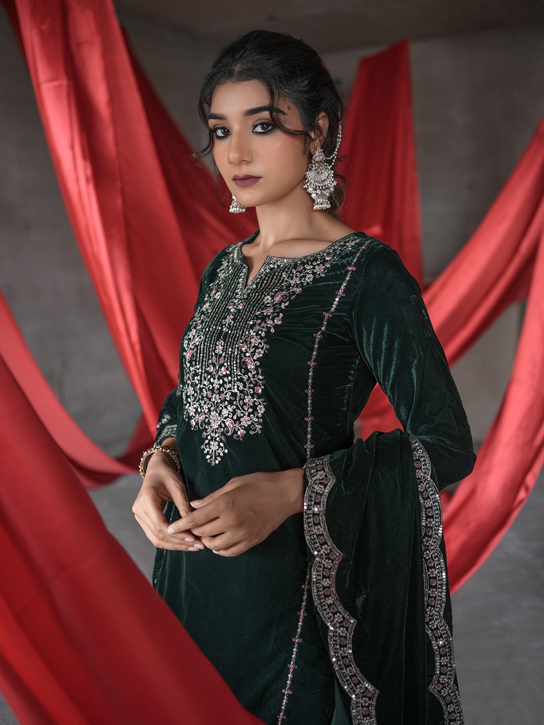 

Libas Floral Embroidered Zari Velvet Straight Kurta With Skirt & Dupatta, Green