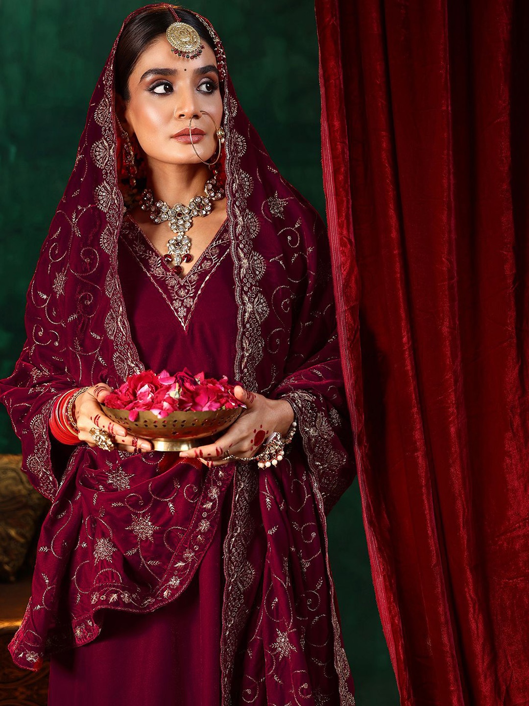 

Libas Floral Embroidered Zari Velvet A-Line Kurta With Trousers & Dupatta, Red