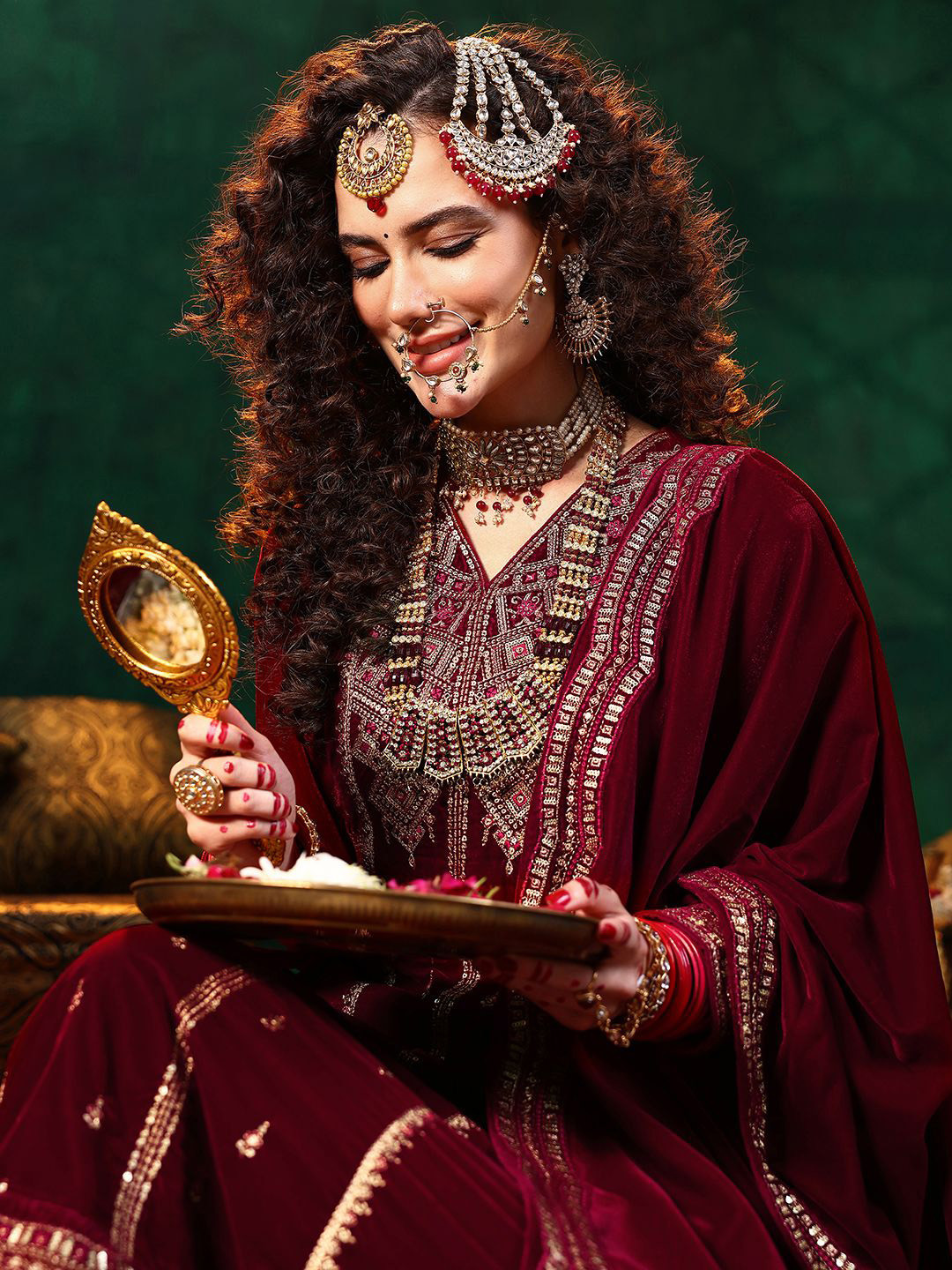 

Libas Ethnic Motifs Embroidered Straight Sequinned Velvet Kurta with Trousers & Dupatta, Maroon